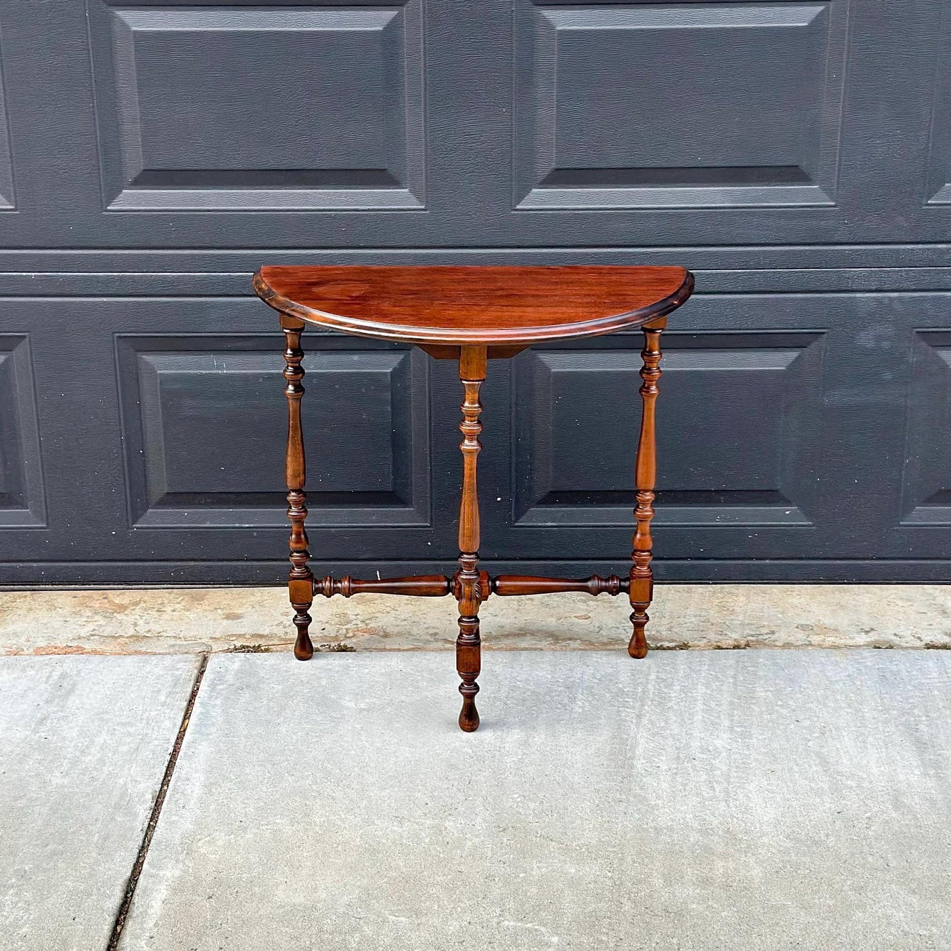 Antique Late 1800's Semicircular Wooden Spindle Leg Small Walnut Side Table