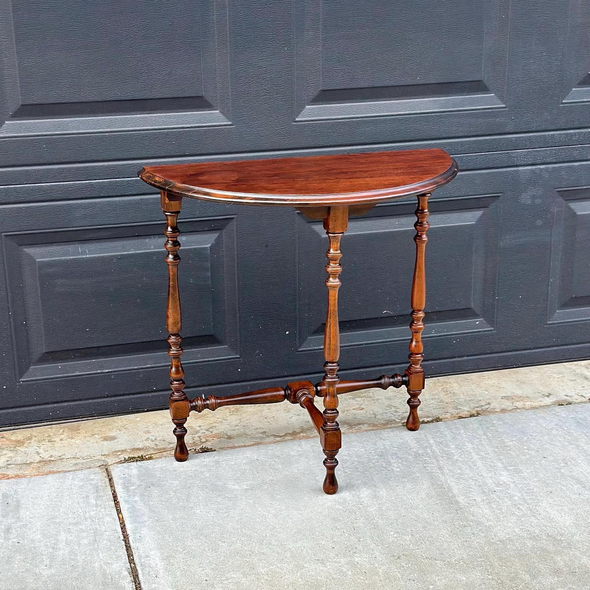 Antique Late 1800's Semicircular Wooden Spindle Leg Small Walnut Side Table