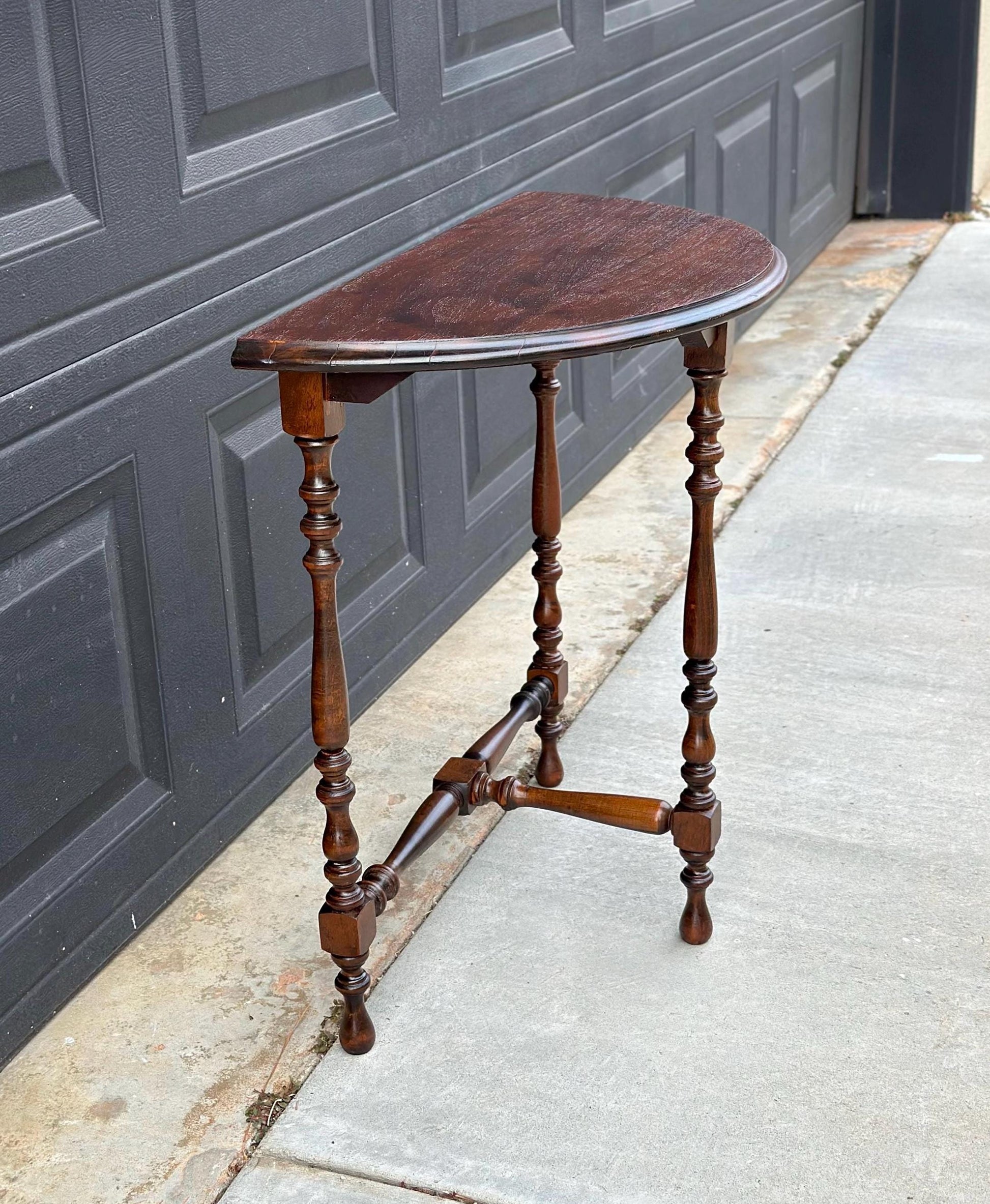 Antique Late 1800's Semicircular Wooden Spindle Leg Small Walnut Side Table