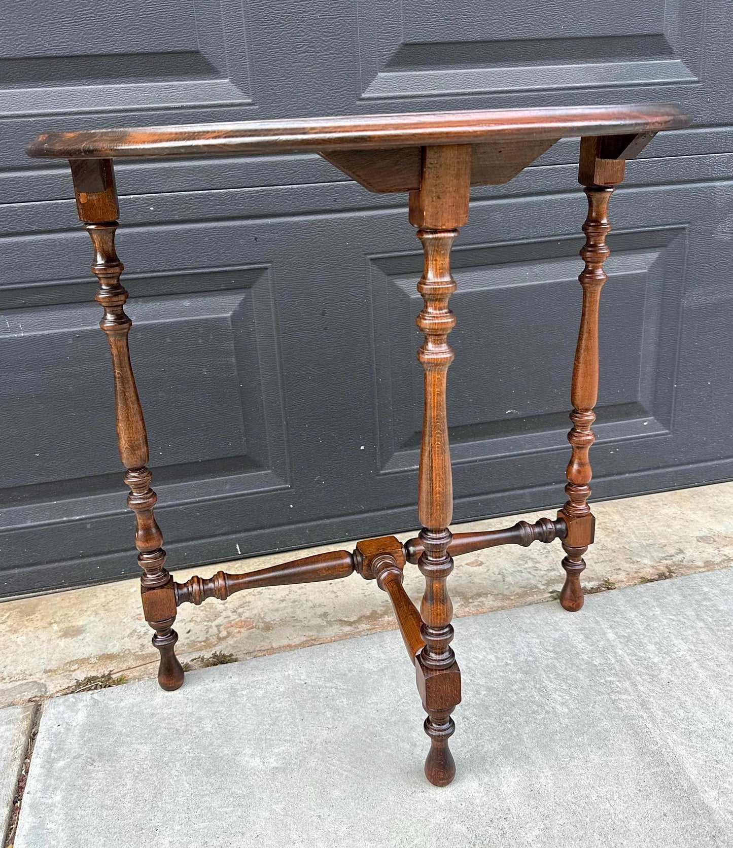 Antique Late 1800's Semicircular Wooden Spindle Leg Small Walnut Side Table