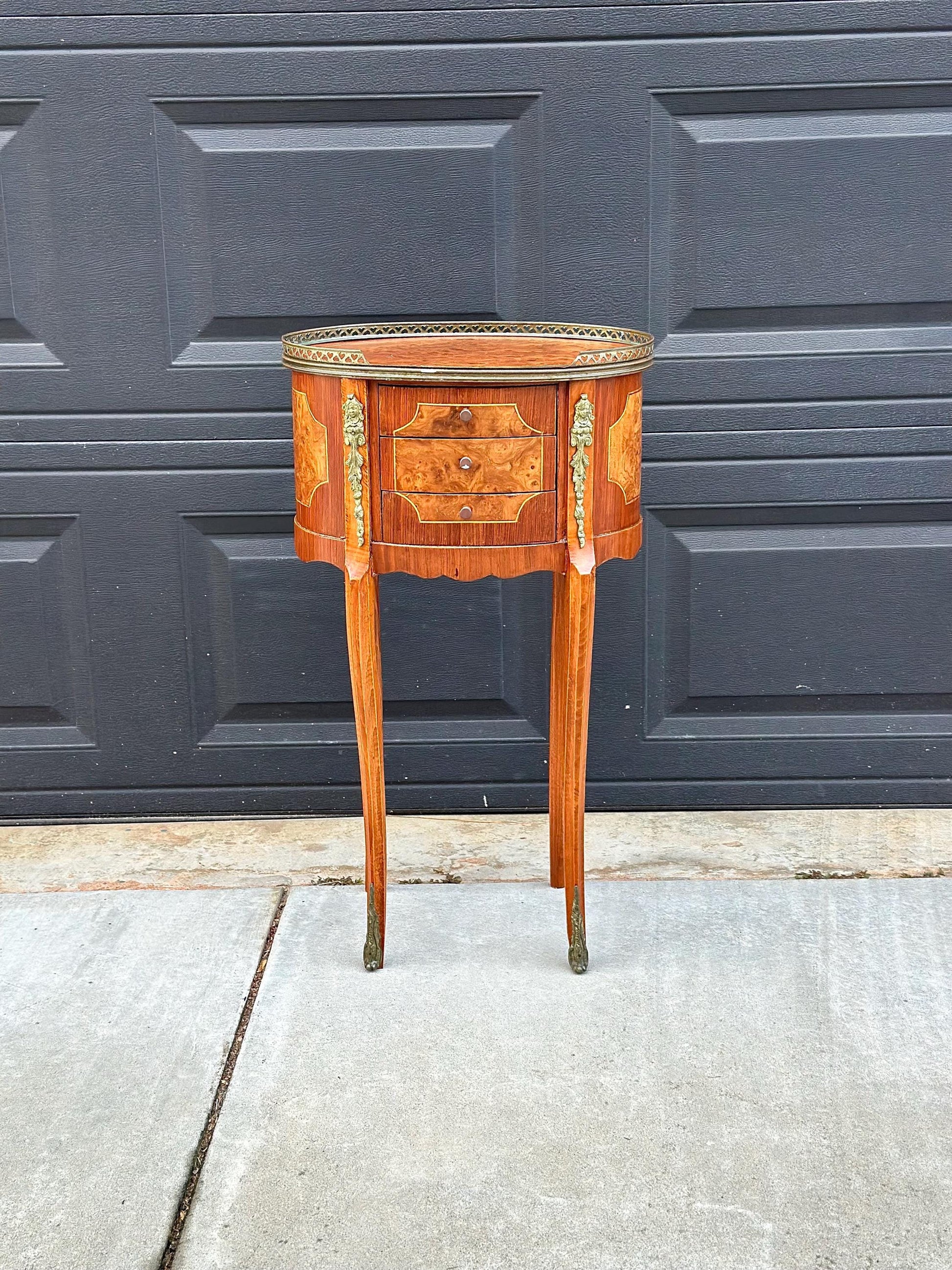 Antique Late 1800's French Banded Walnut Burlwood Cast Brass Side Table