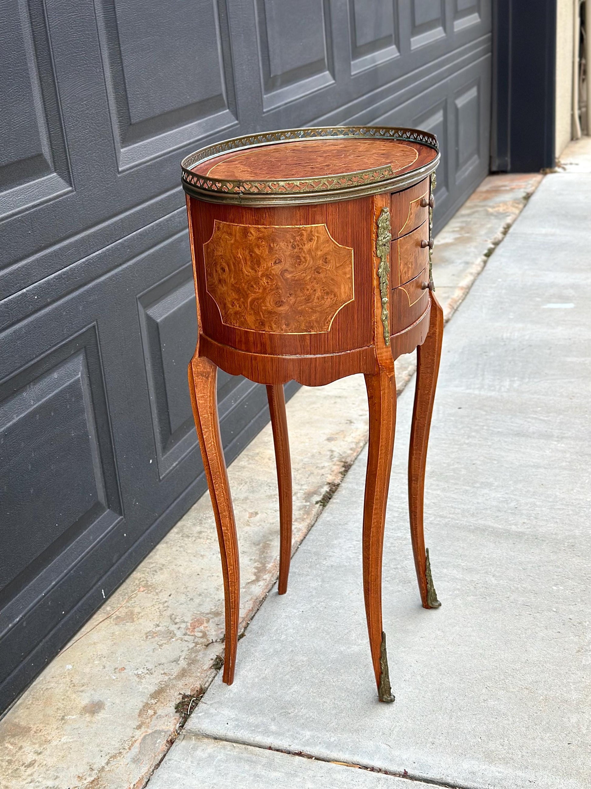 Antique Late 1800's French Banded Walnut Burlwood Cast Brass Side Table