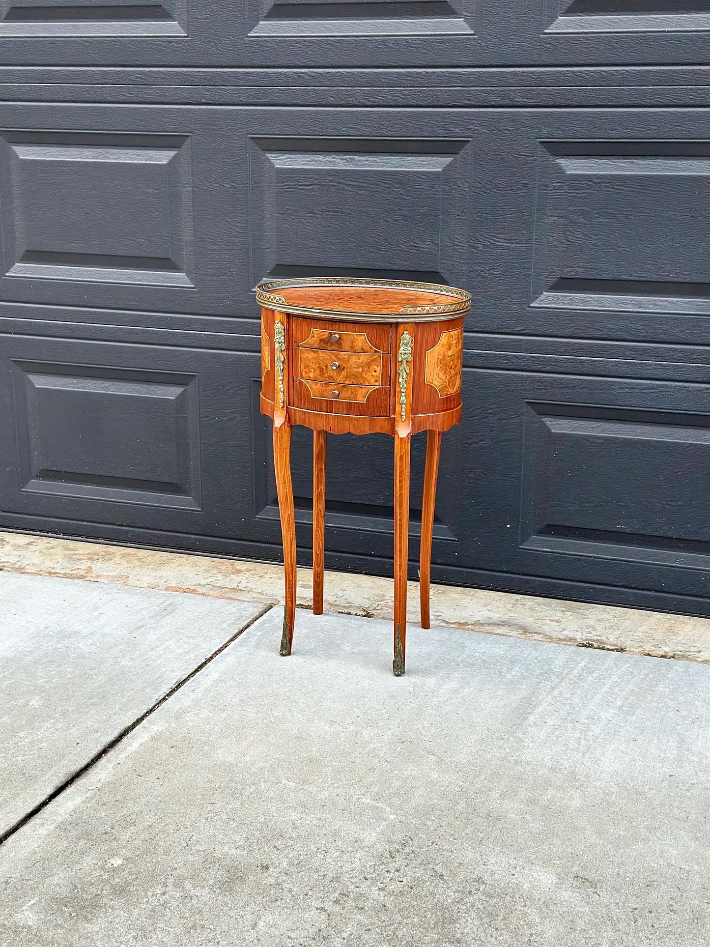 Antique Late 1800's French Banded Walnut Burlwood Cast Brass Side Table
