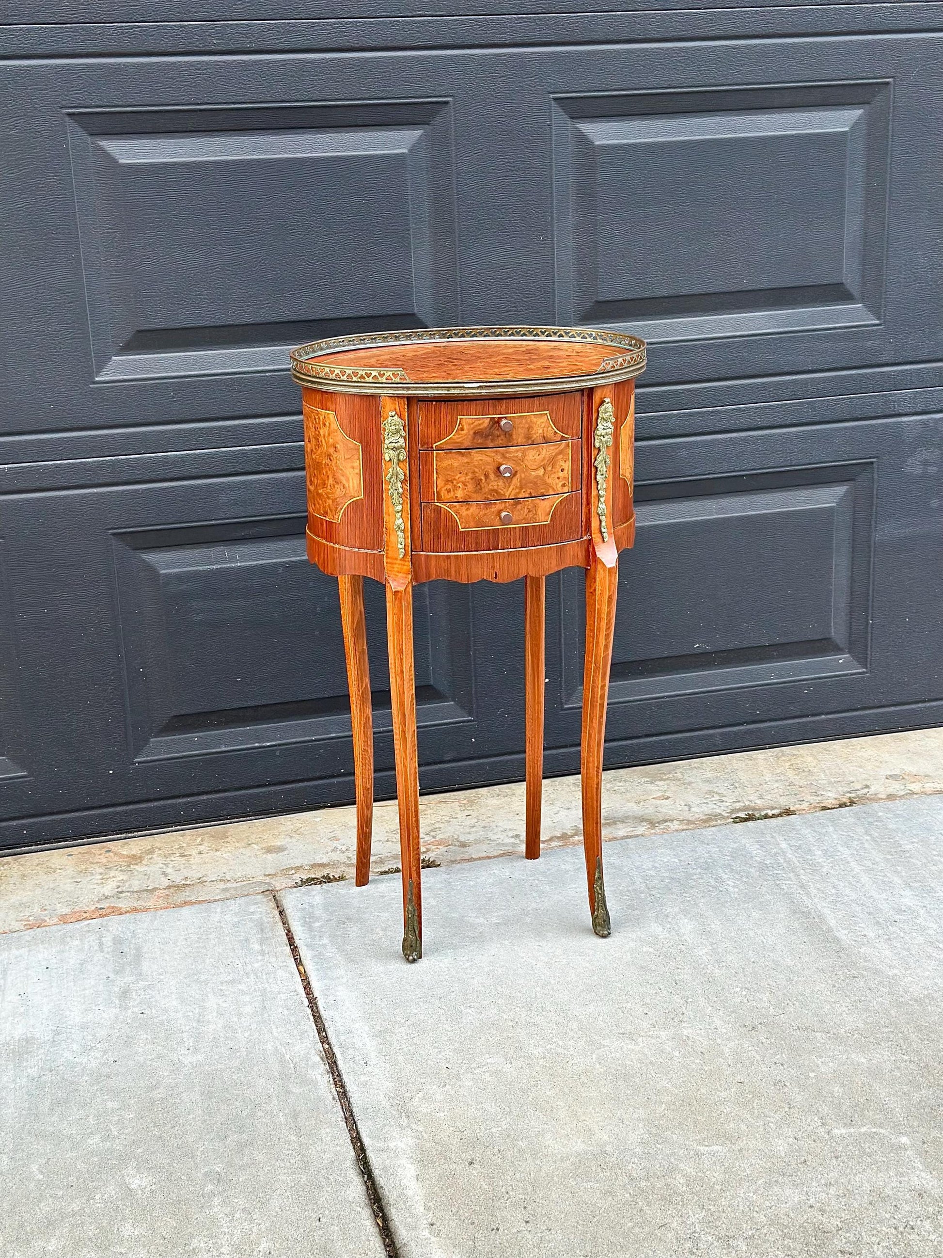 Antique Late 1800's French Banded Walnut Burlwood Cast Brass Side Table