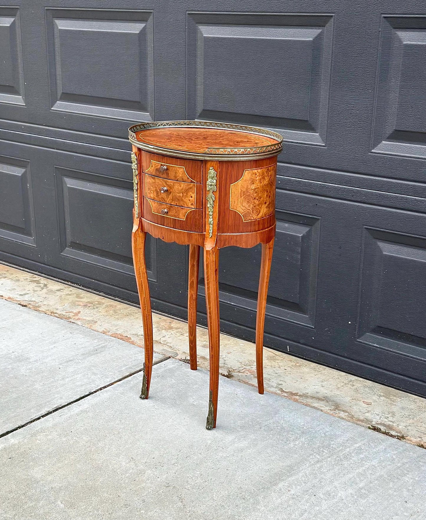 Antique Late 1800's French Banded Walnut Burlwood Cast Brass Side Table