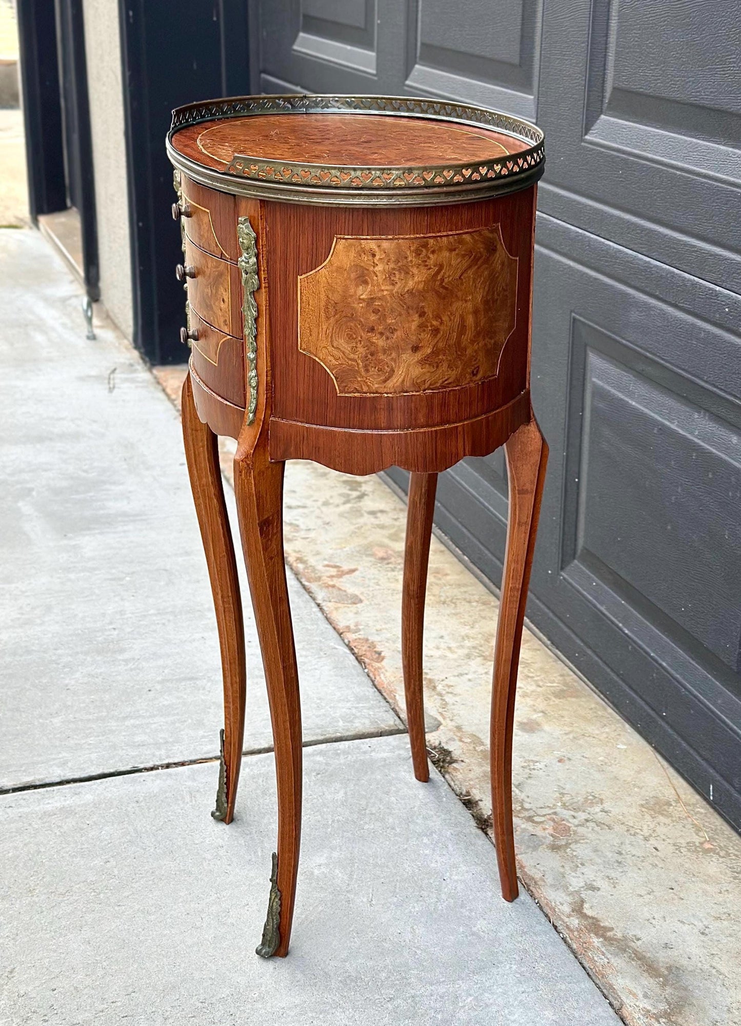Antique Late 1800's French Banded Walnut Burlwood Cast Brass Side Table