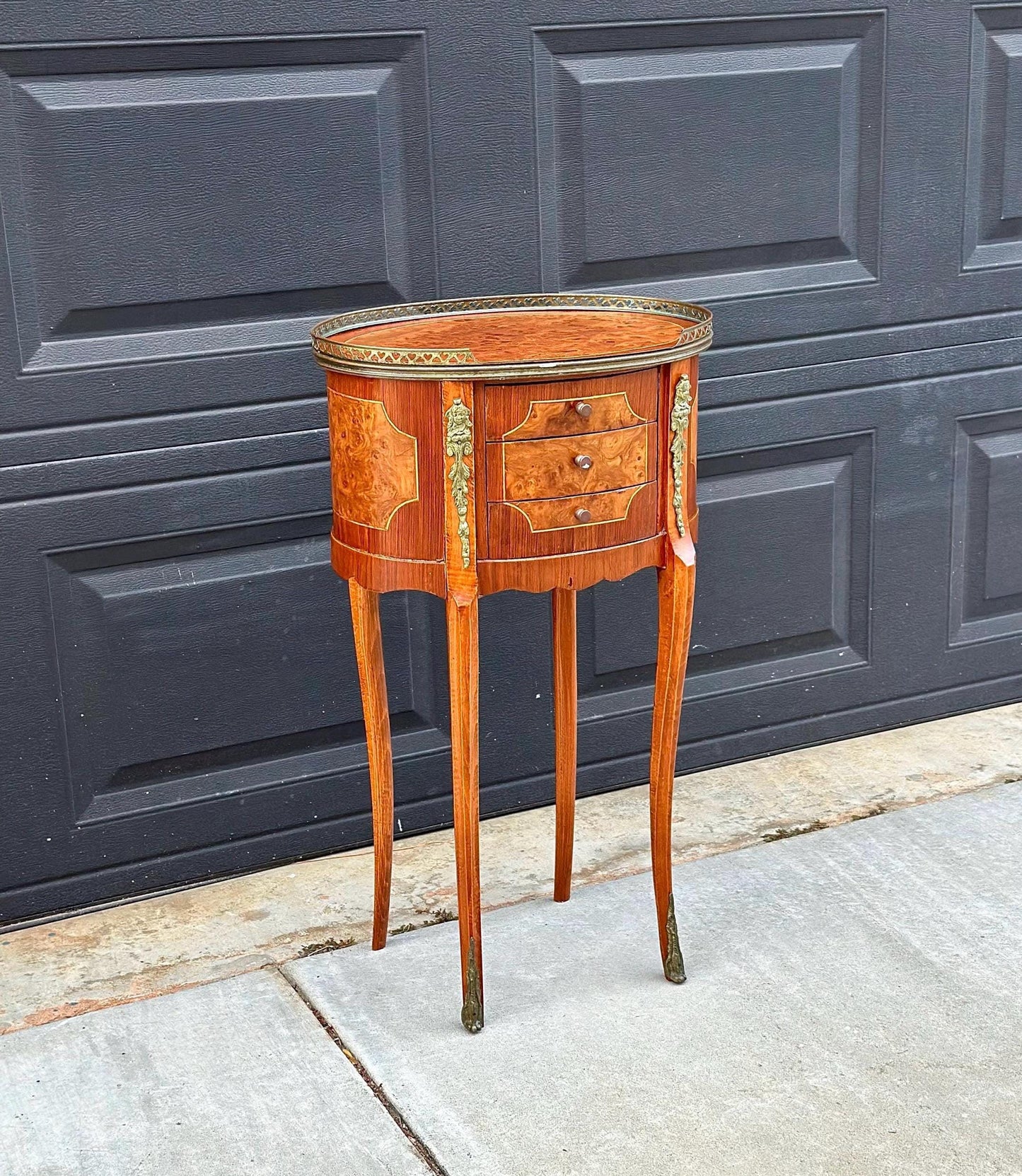 Antique Late 1800's French Banded Walnut Burlwood Cast Brass Side Table