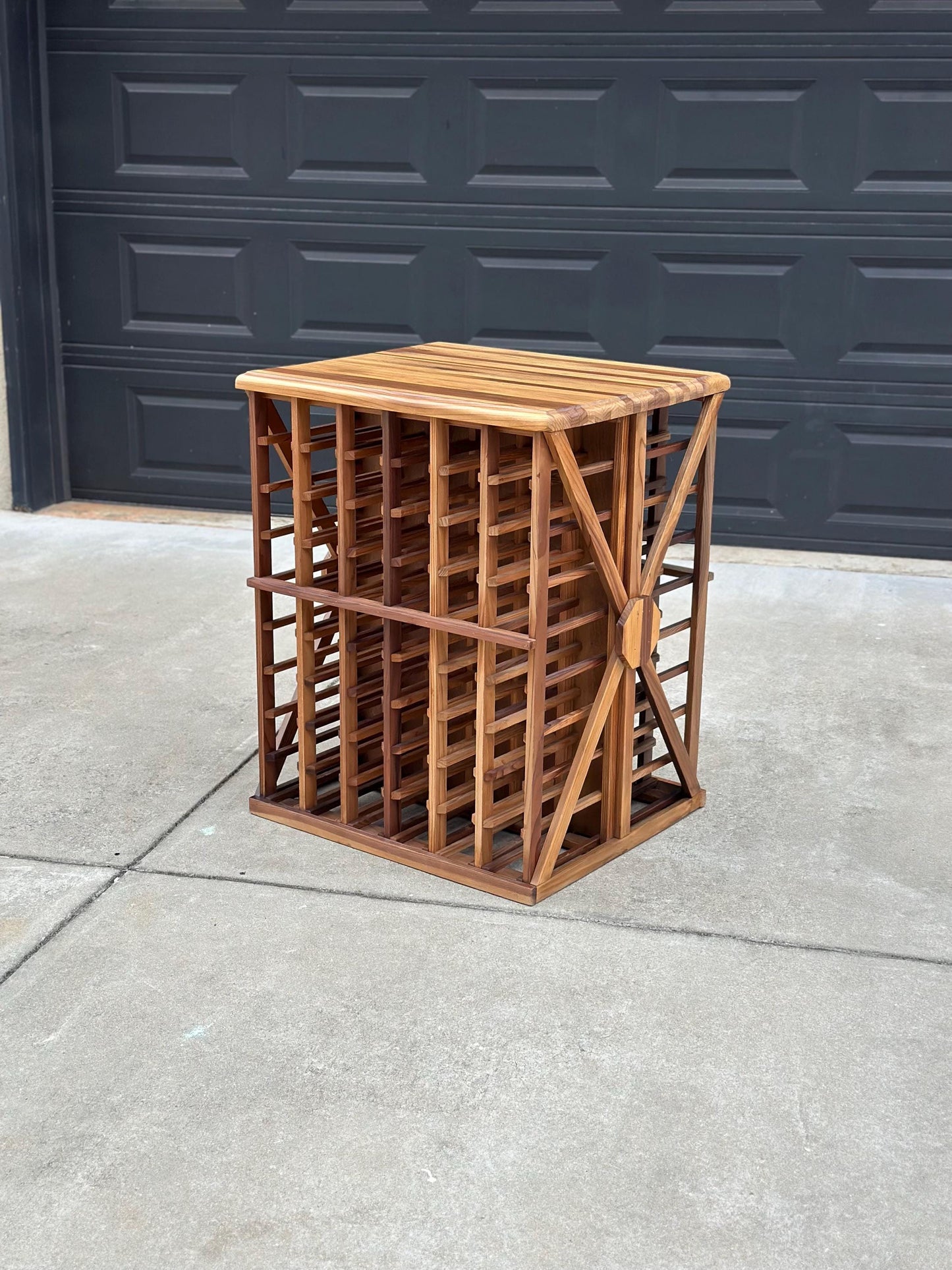 Vintage 100+ Bottle Storage Natural Solid Wood Bar Height Tasting Table - Large Geometric Wine Rack Table