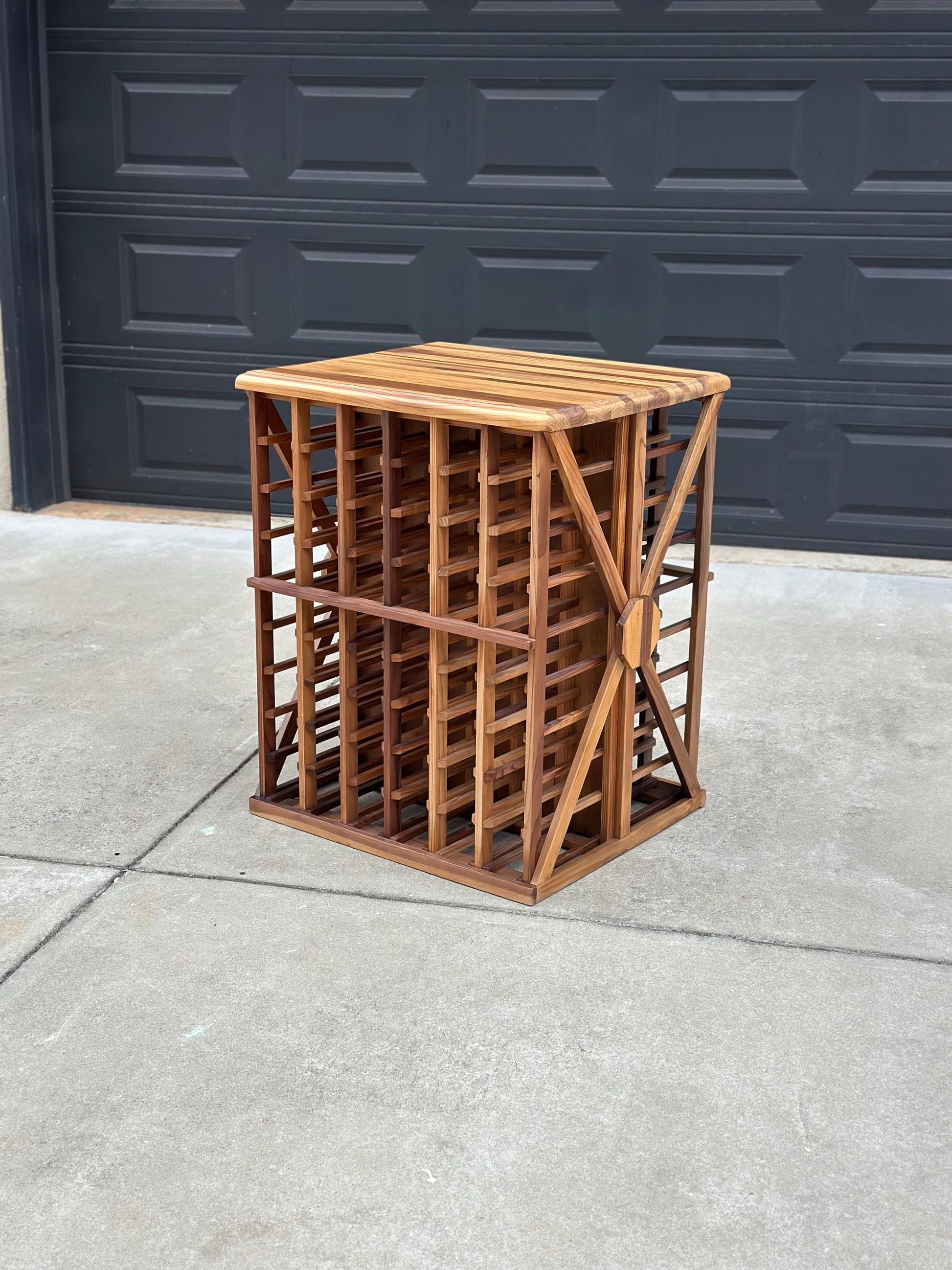 Vintage 100+ Bottle Storage Natural Solid Wood Bar Height Tasting Table - Large Geometric Wine Rack Table