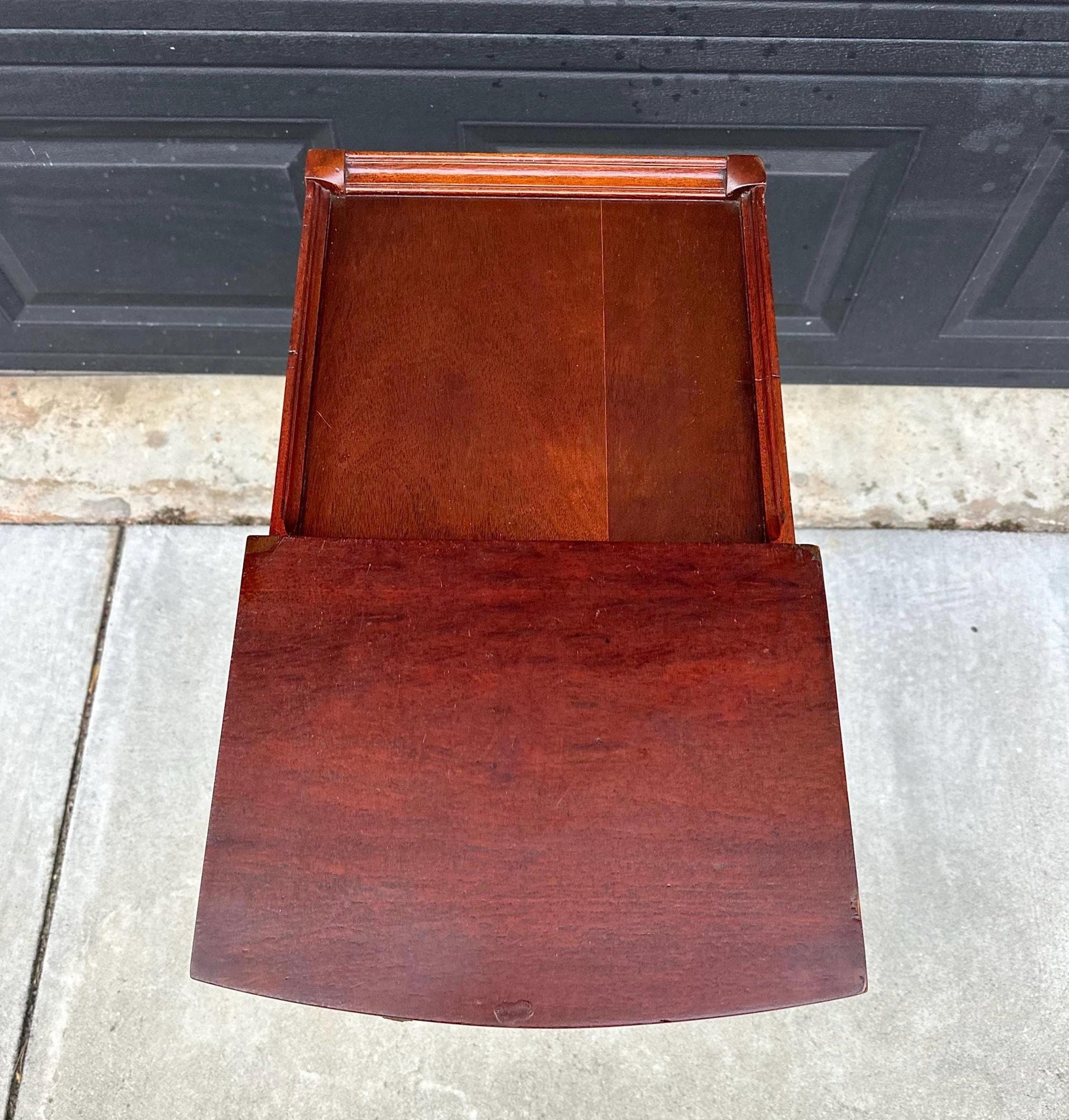 Antique Early 1900's Banded Mahogany Wood Two Drawer Open Shelf Sheraton Accent Table