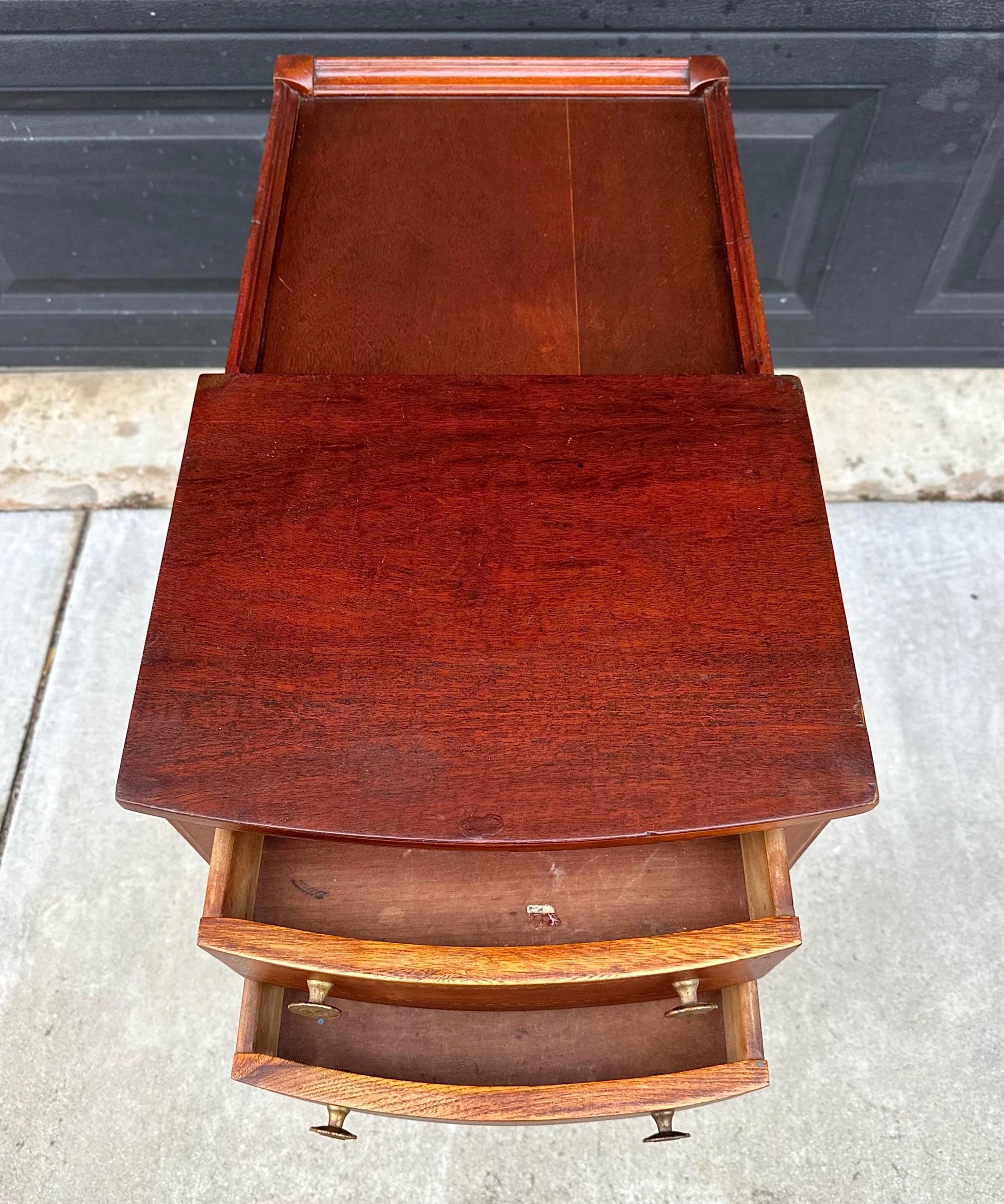 Antique Early 1900's Banded Mahogany Wood Two Drawer Open Shelf Sheraton Accent Table