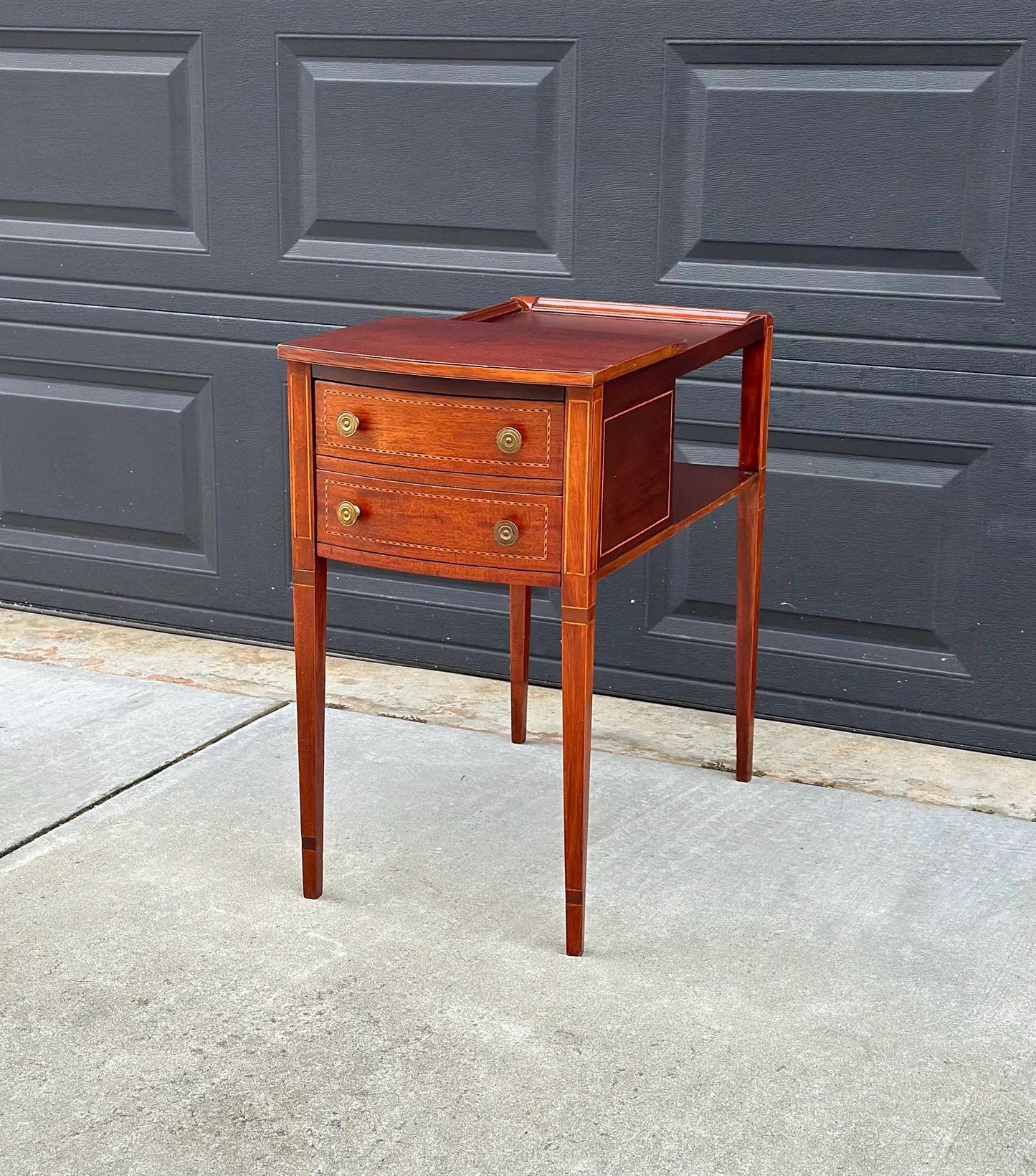 Antique Early 1900's Banded Mahogany Wood Two Drawer Open Shelf Sheraton Accent Table