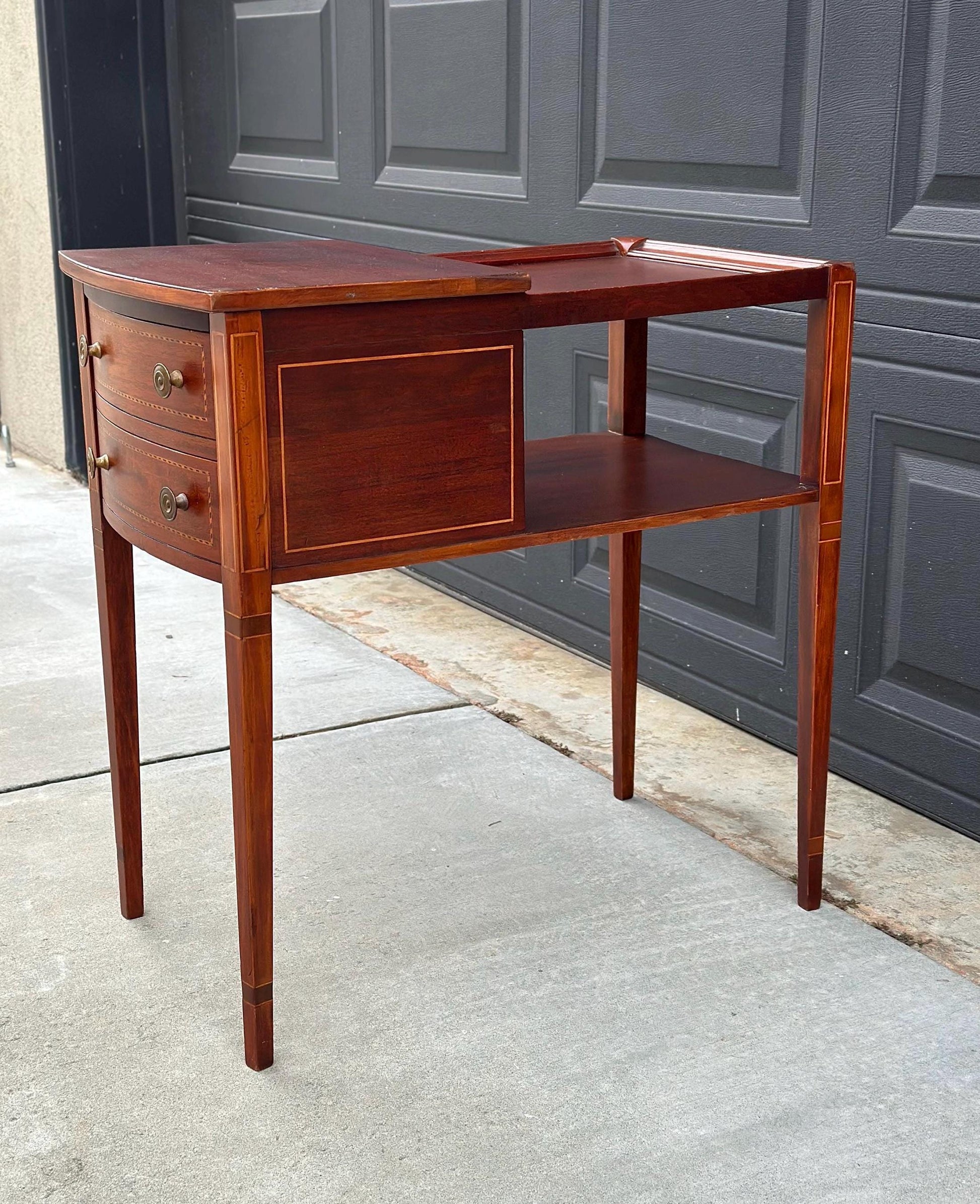 Antique Early 1900's Banded Mahogany Wood Two Drawer Open Shelf Sheraton Accent Table