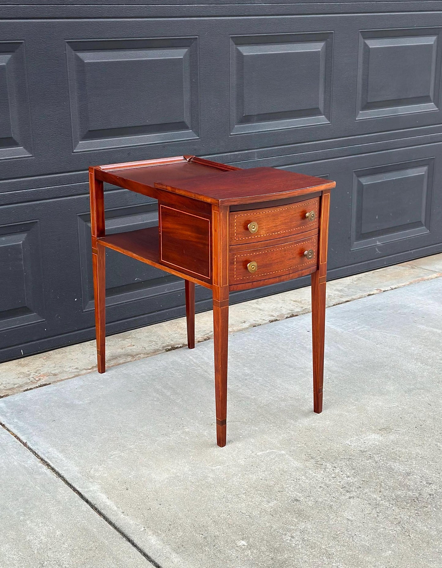 Antique Early 1900's Banded Mahogany Wood Two Drawer Open Shelf Sheraton Accent Table