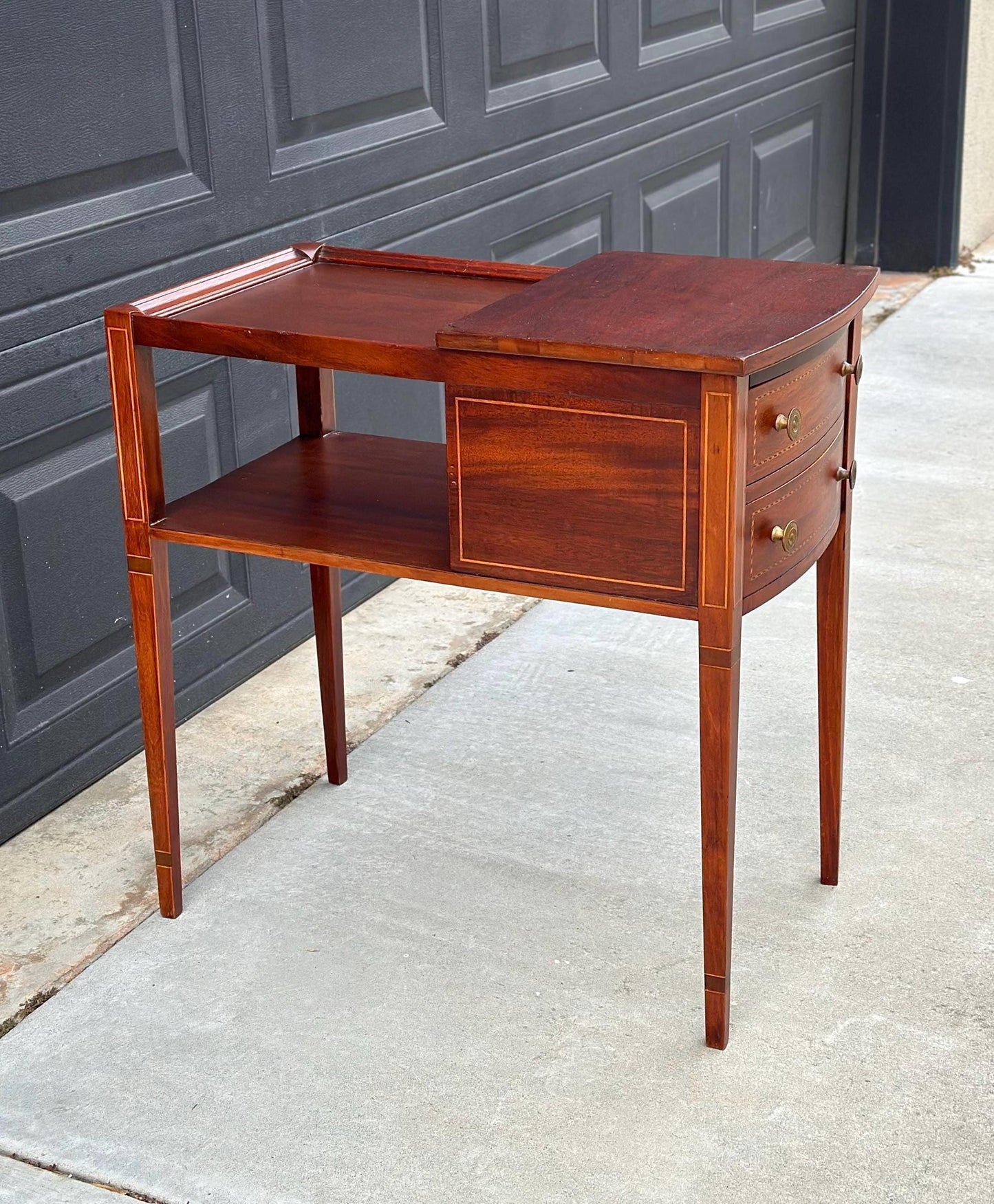 Antique Early 1900's Banded Mahogany Wood Two Drawer Open Shelf Sheraton Accent Table