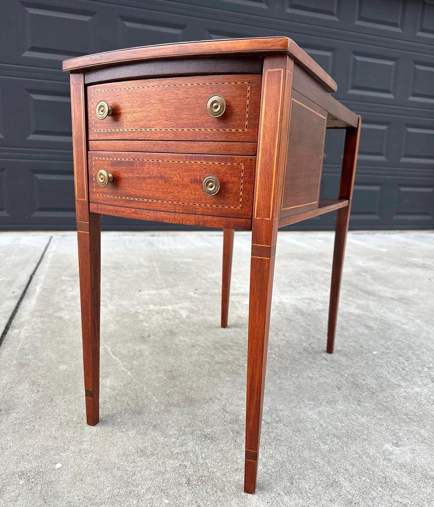 Antique Early 1900's Banded Mahogany Wood Two Drawer Open Shelf Sheraton Accent Table