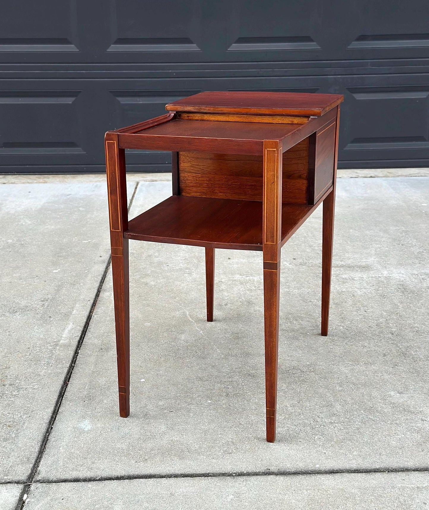 Antique Early 1900's Banded Mahogany Wood Two Drawer Open Shelf Sheraton Accent Table
