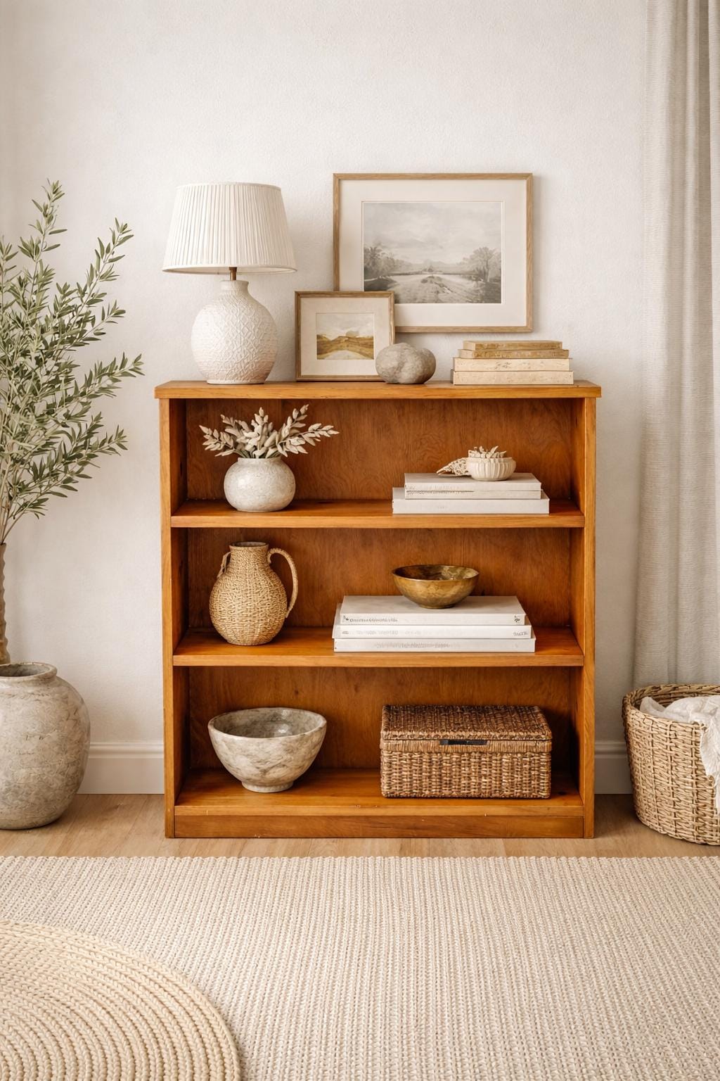 Vintage Mid 1900's Solid Wood Three Tier Bookcase Narrow Bookshelf