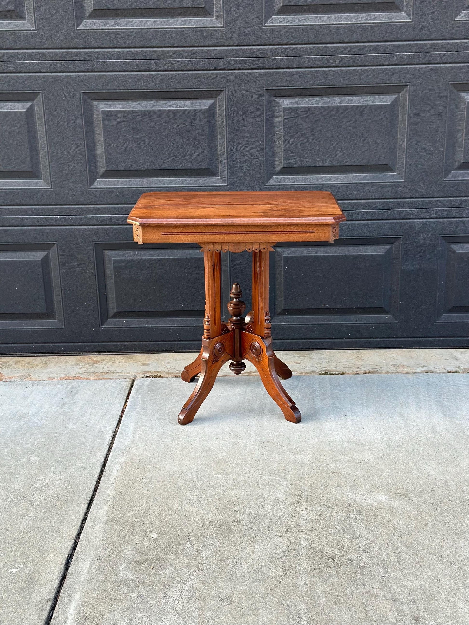 Antique Late 1800's English Eastlake Solid Wood Carved Walnut Accent Side Table
