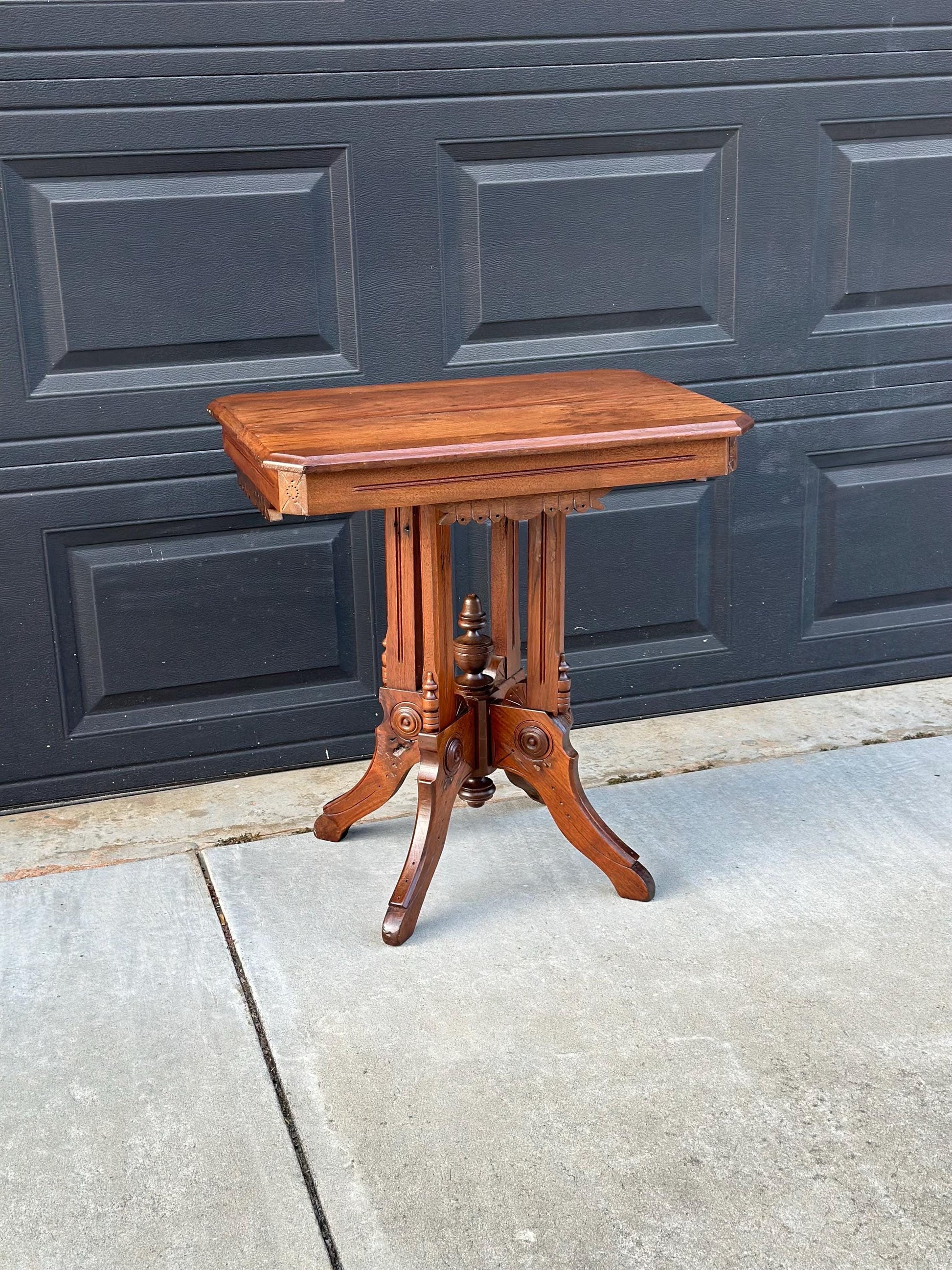 Antique Late 1800's English Eastlake Solid Wood Carved Walnut Accent Side Table