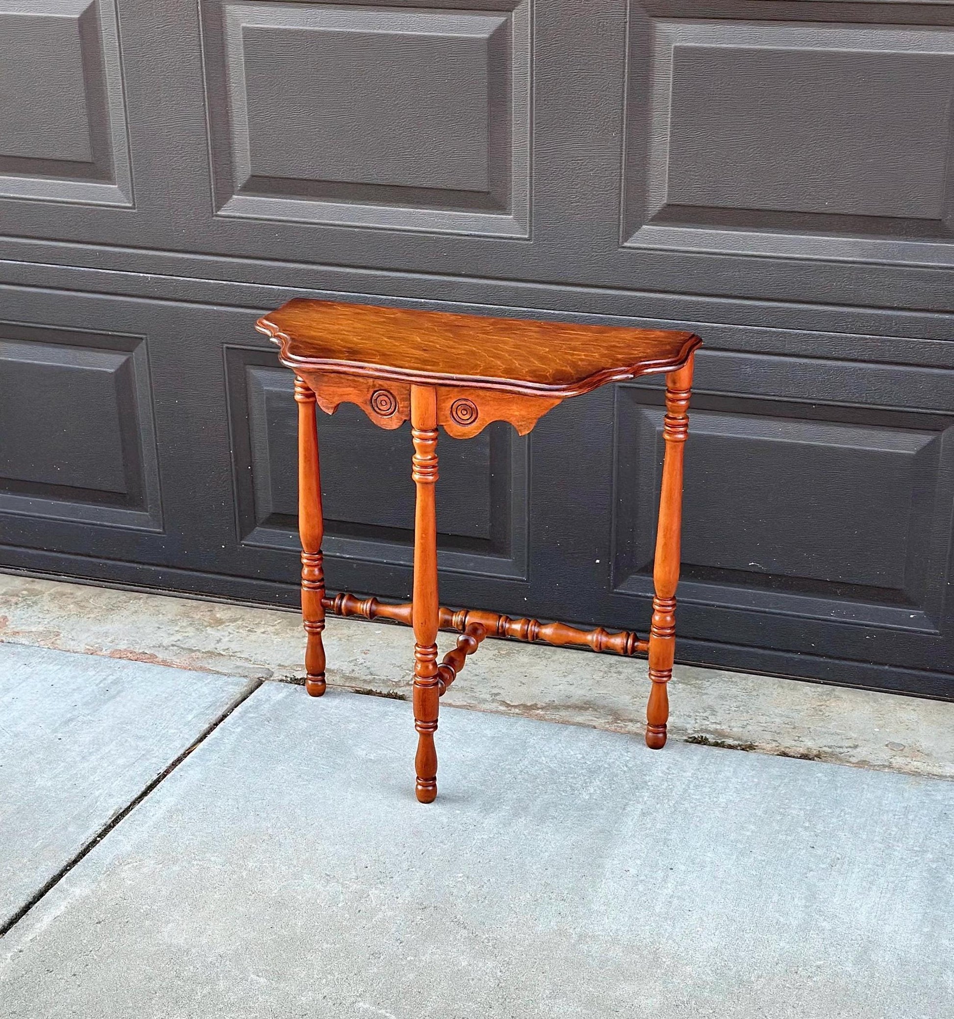Antique Late 1800's Cherry & Maple Solid Wood Half Moon Side Table