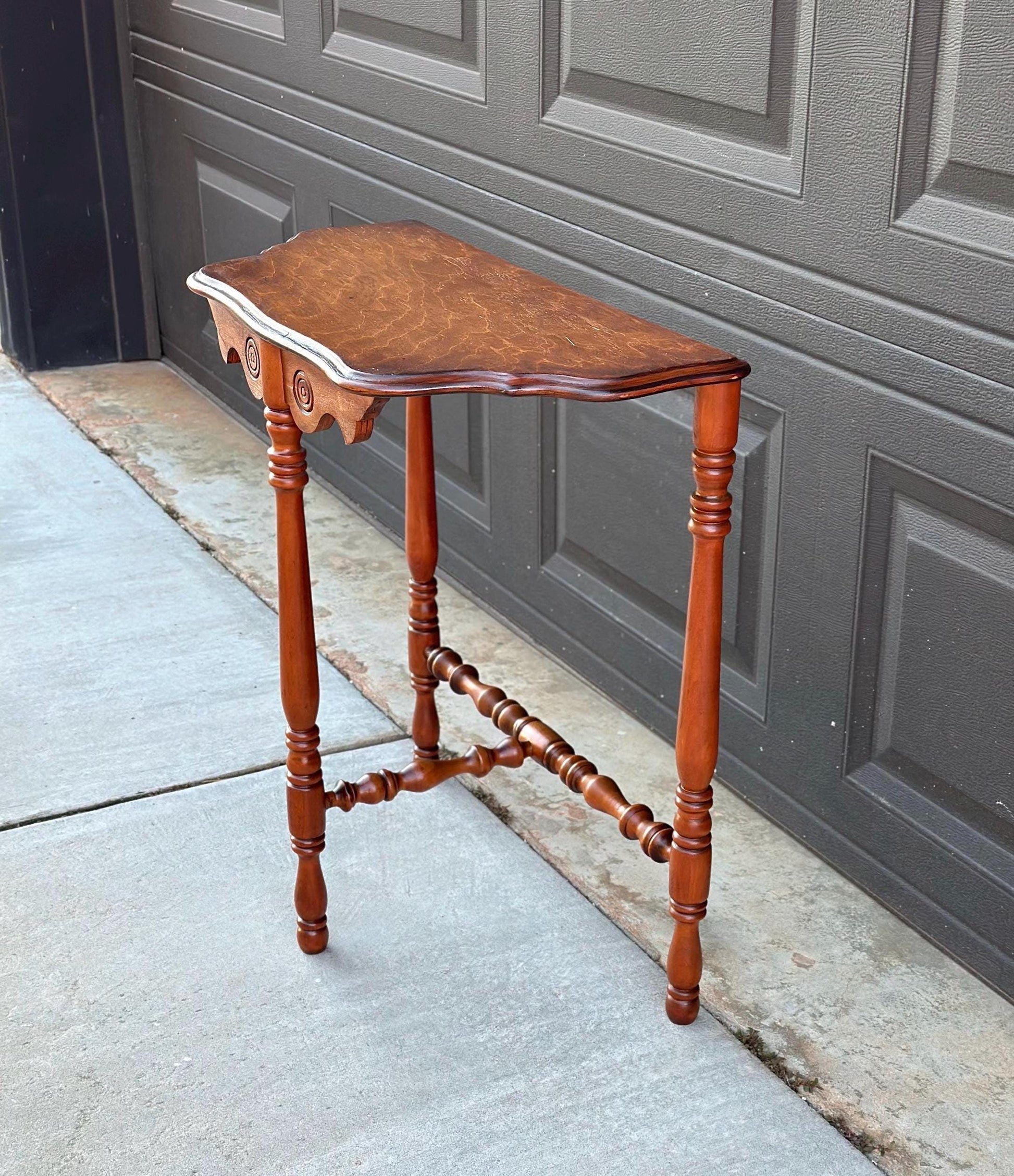 Antique Late 1800's Cherry & Maple Solid Wood Half Moon Side Table