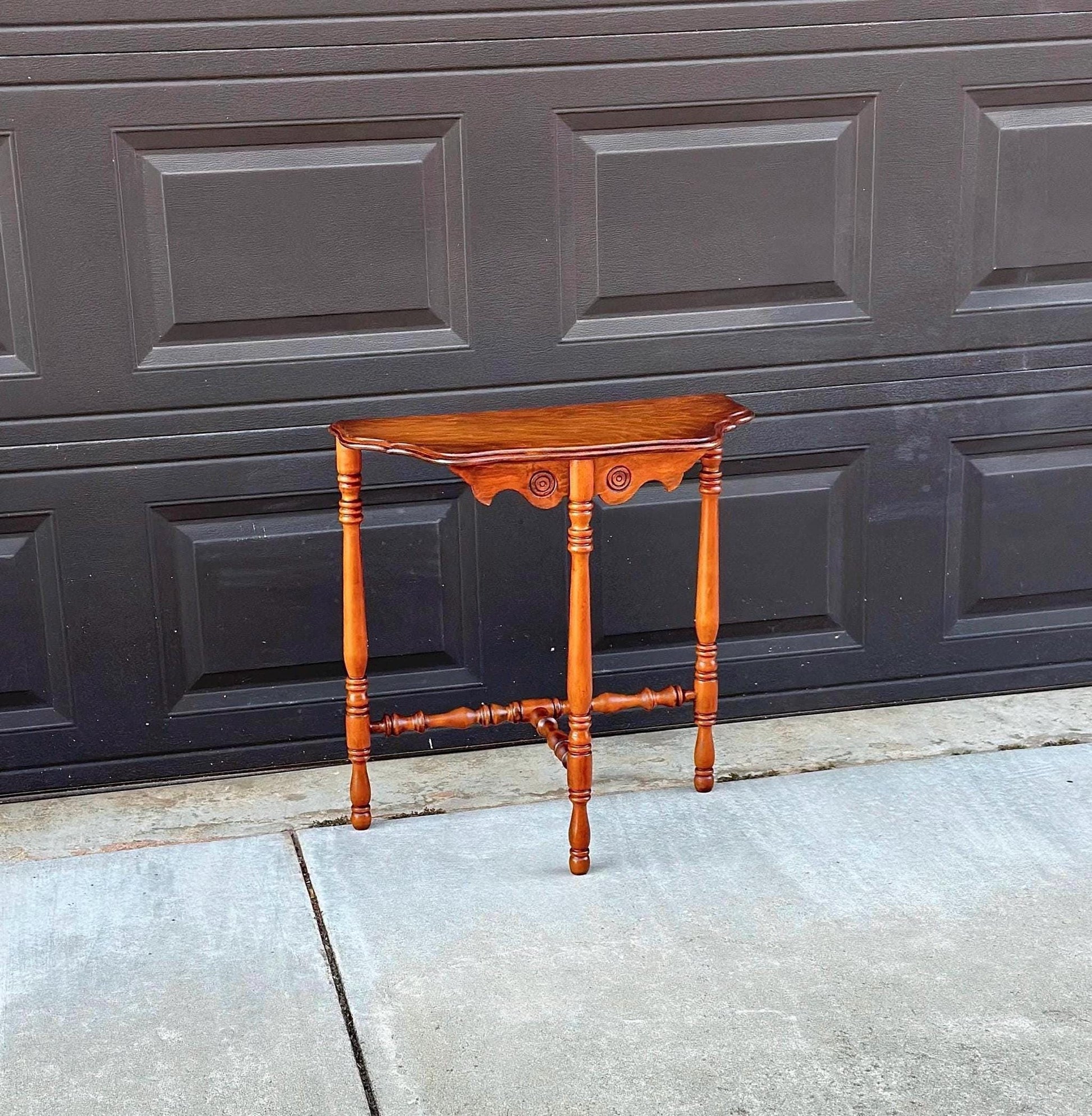 Antique Late 1800's Cherry & Maple Solid Wood Half Moon Side Table
