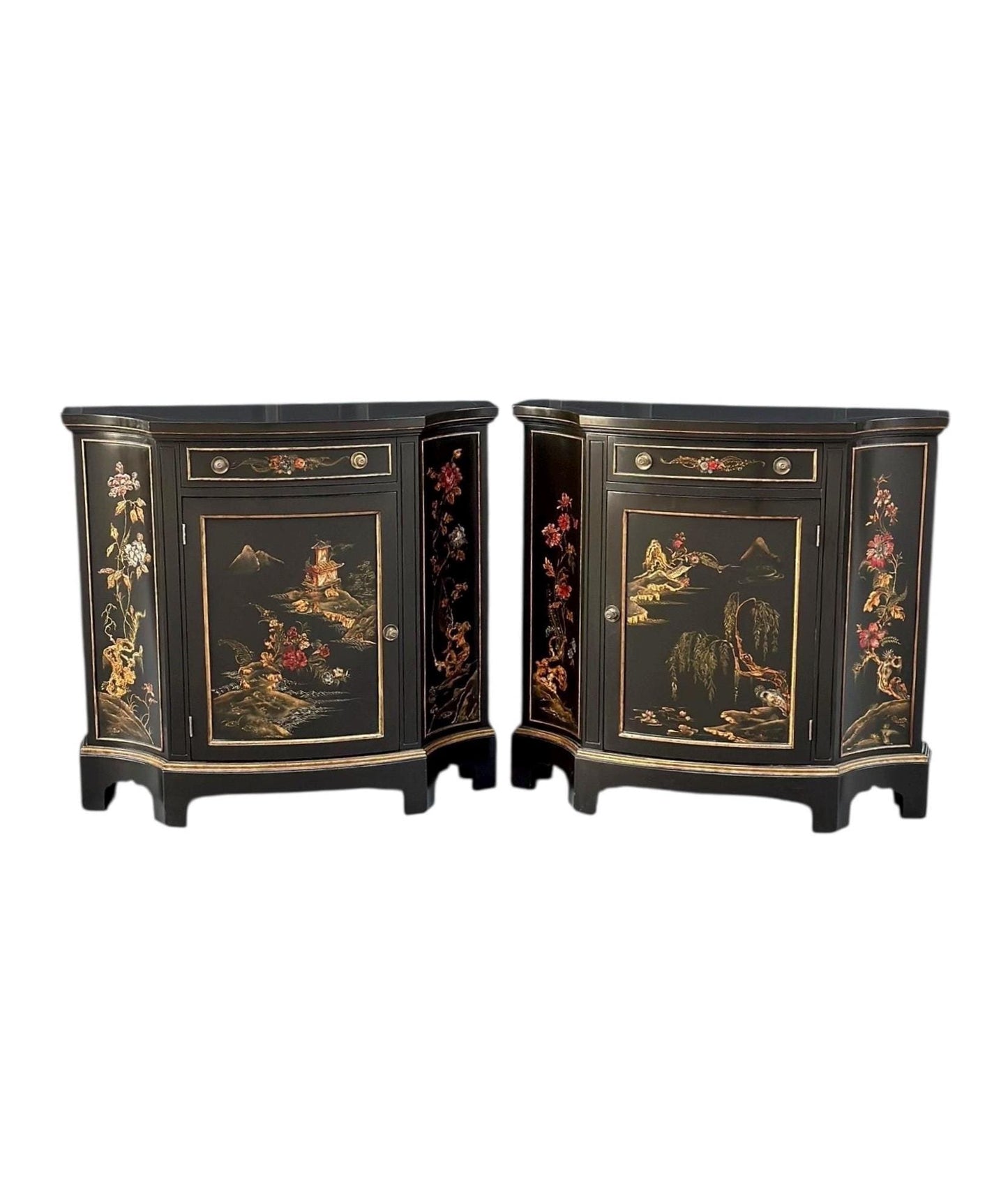 Vintage Mid 1900's Oriental Black & Gold Demilune Narrow Hand Painted Accent Cabinets - a Pair