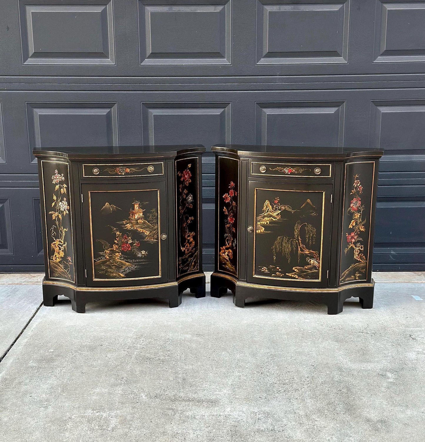 Vintage Mid 1900's Oriental Black & Gold Demilune Narrow Hand Painted Accent Cabinets - a Pair