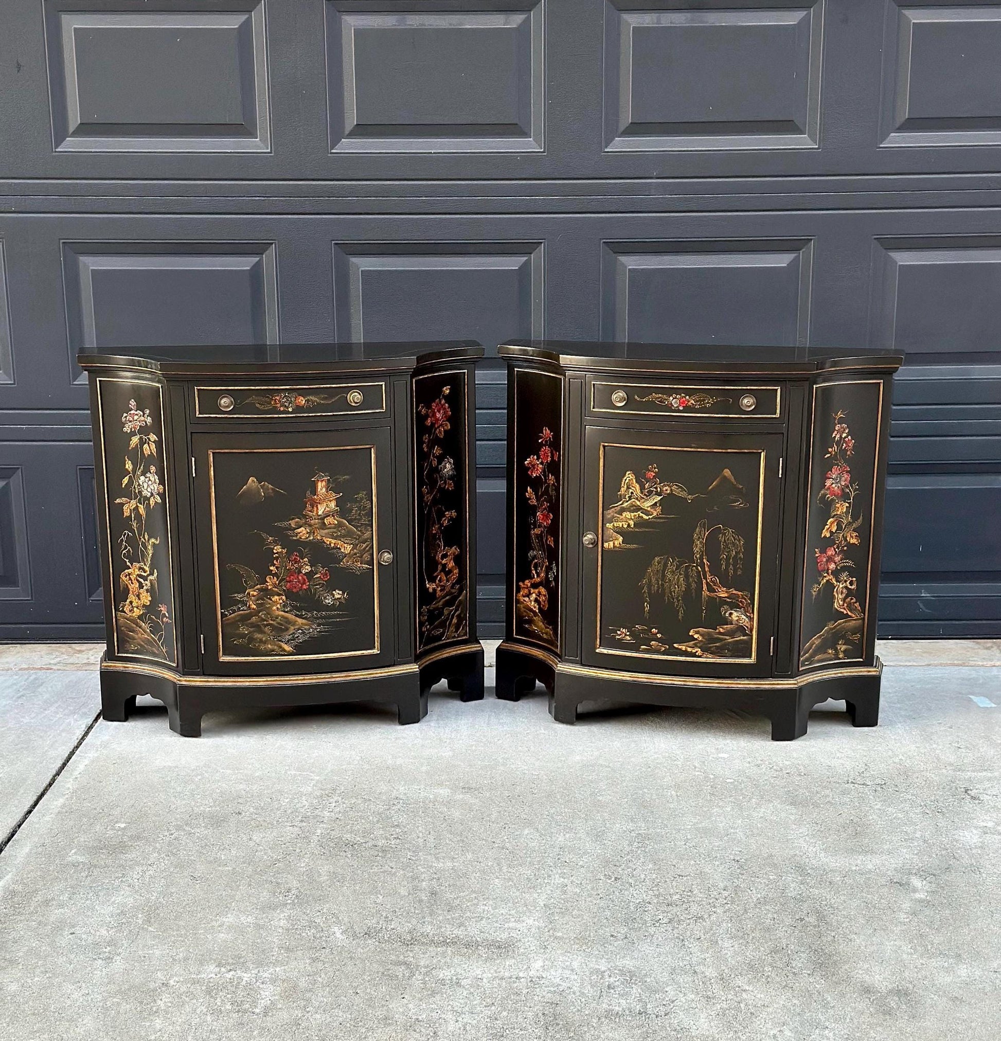 Vintage Mid 1900's Oriental Black & Gold Demilune Narrow Hand Painted Accent Cabinets - a Pair