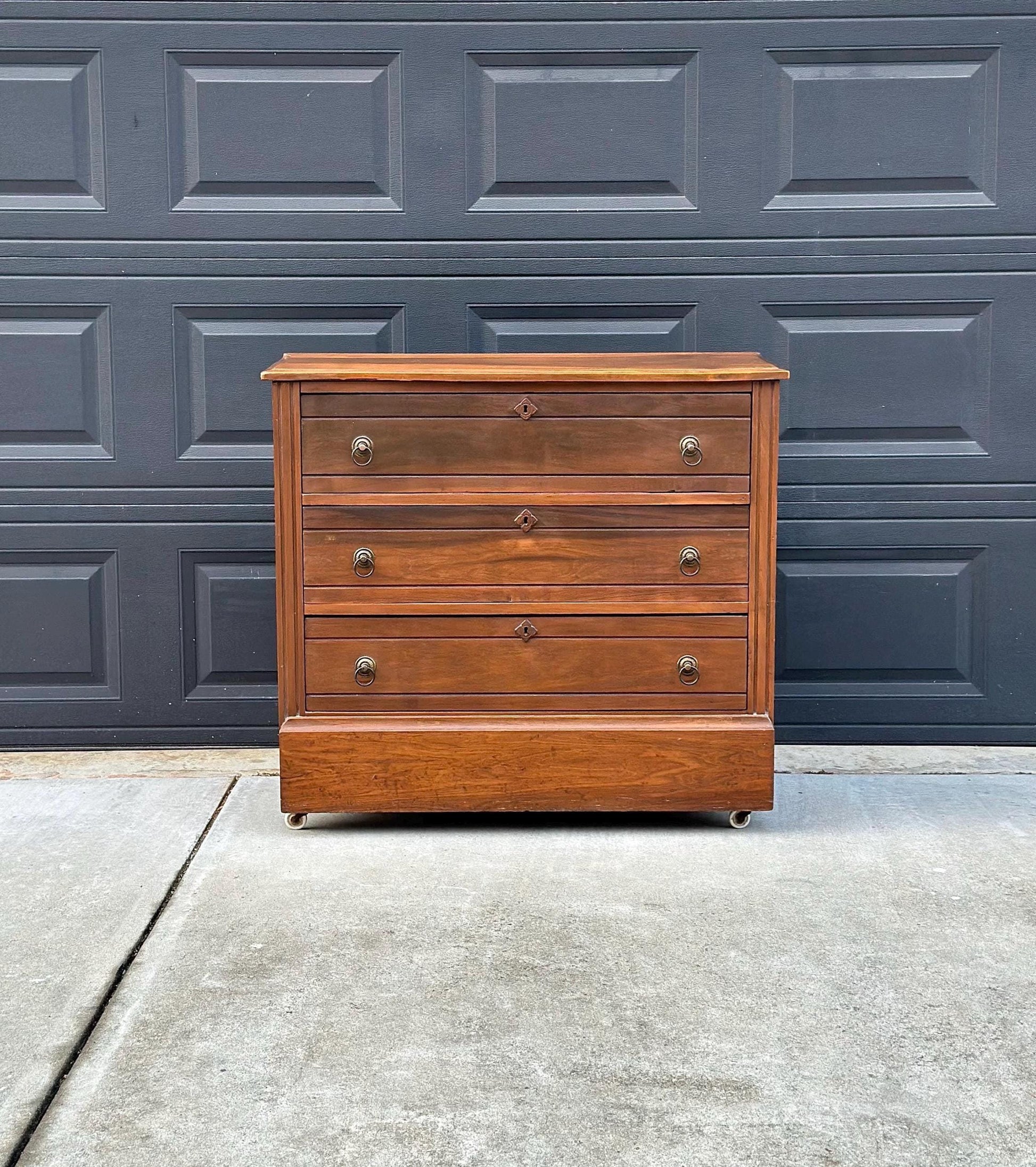 Antique Late 1800's Solid Wood Eastlake Victorian Walnut Chest of Drawers on Casters