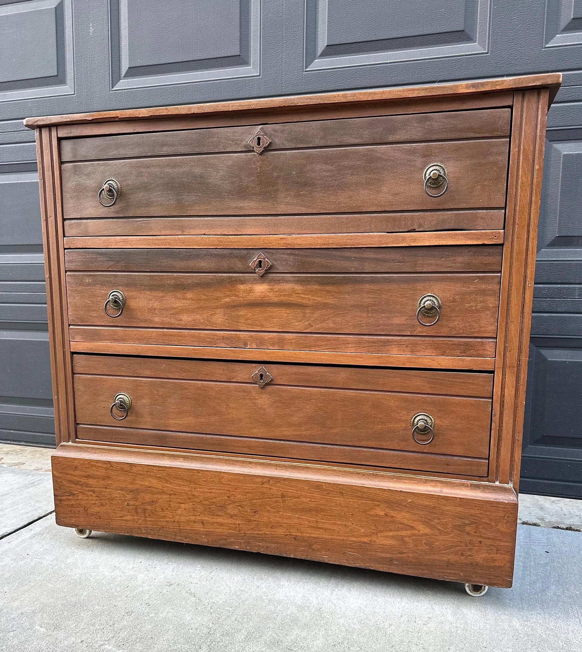 Antique Late 1800's Solid Wood Eastlake Victorian Walnut Chest of Drawers on Casters