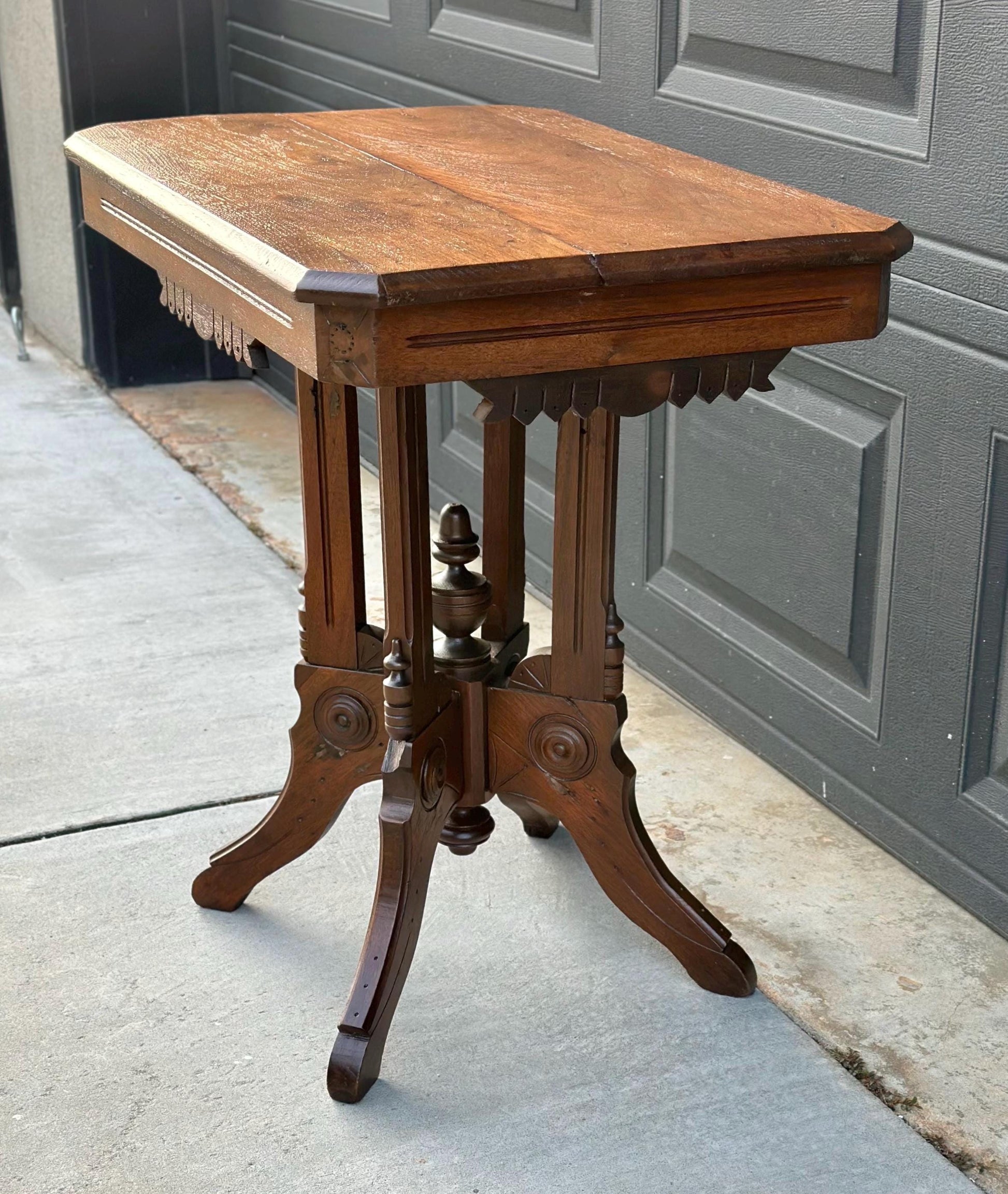Antique Late 1800's English Eastlake Solid Wood Carved Walnut Accent Side Table