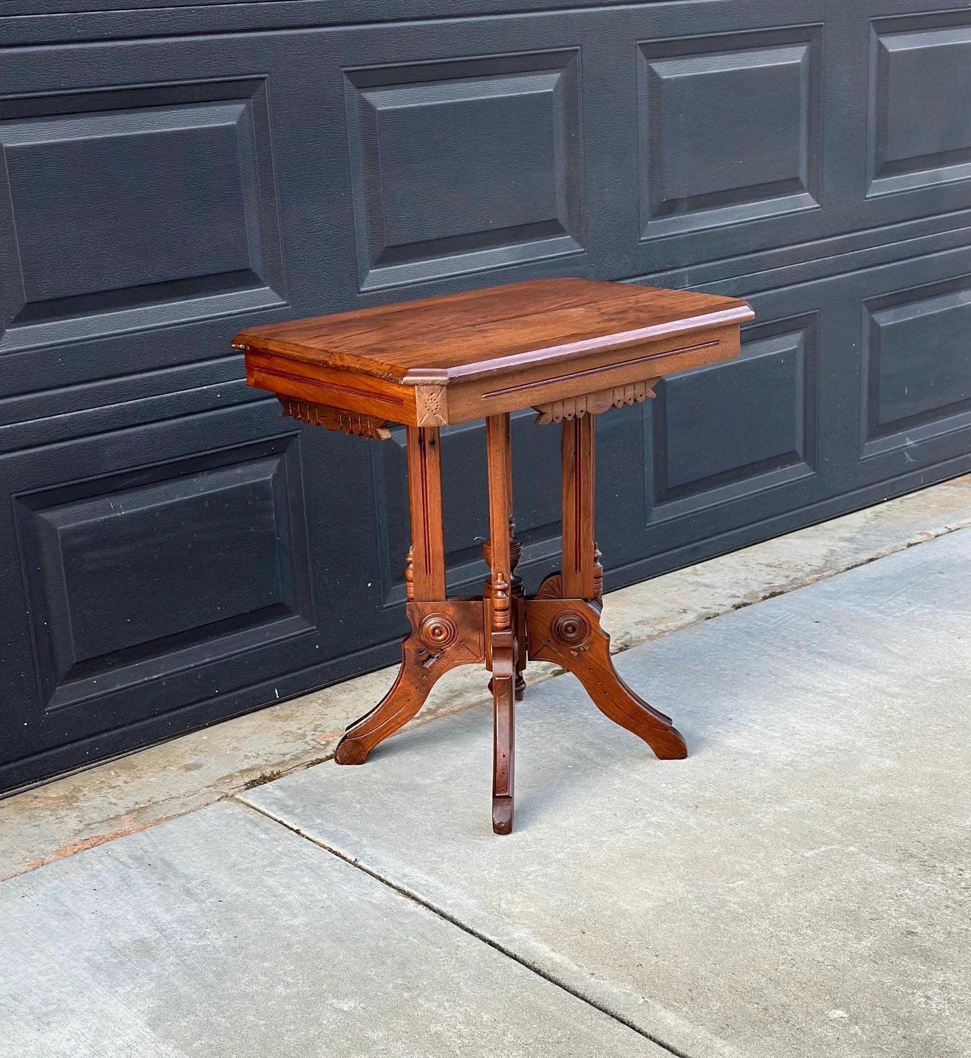 Antique Late 1800's English Eastlake Solid Wood Carved Walnut Accent Side Table