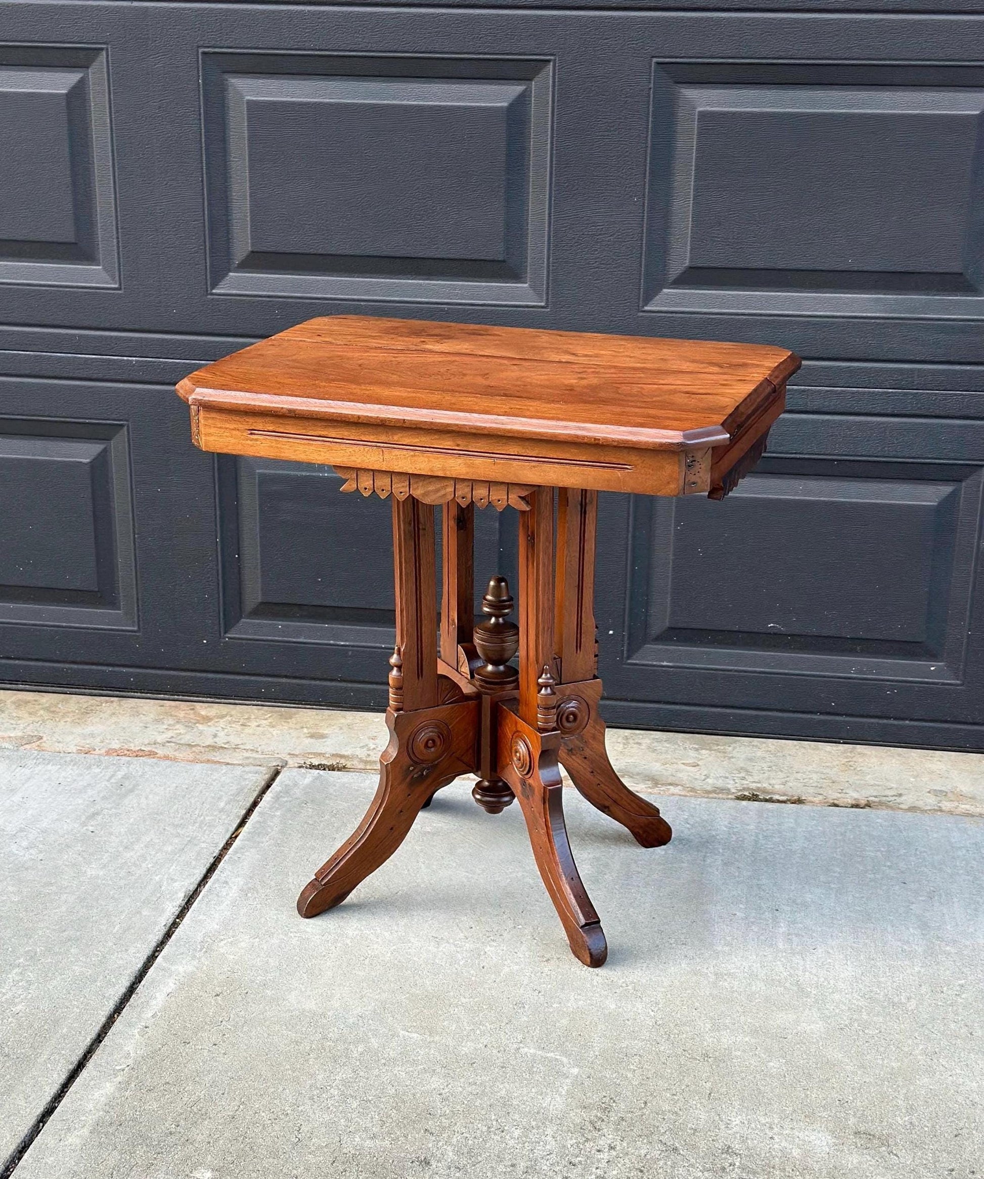 Antique Late 1800's English Eastlake Solid Wood Carved Walnut Accent Side Table