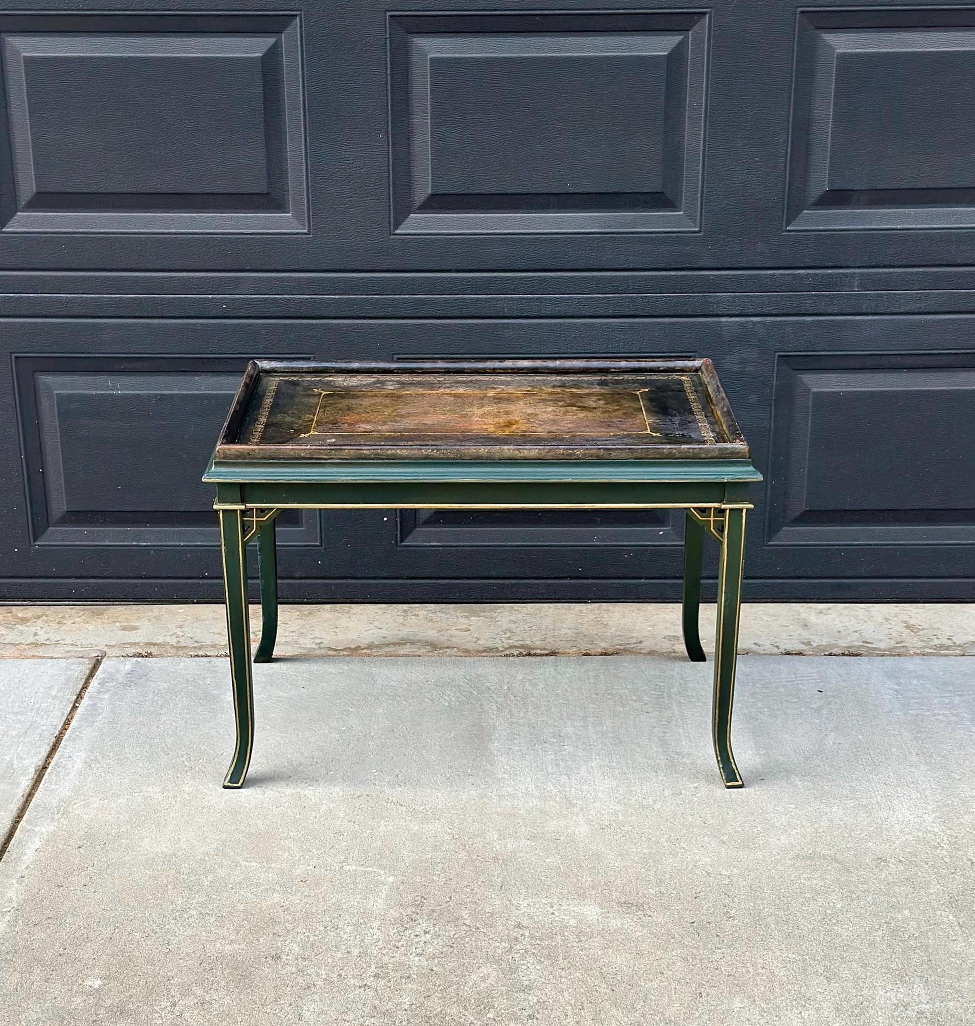 Vintage Mid 1900's Black Leather Top Green & Gold Coffee Table