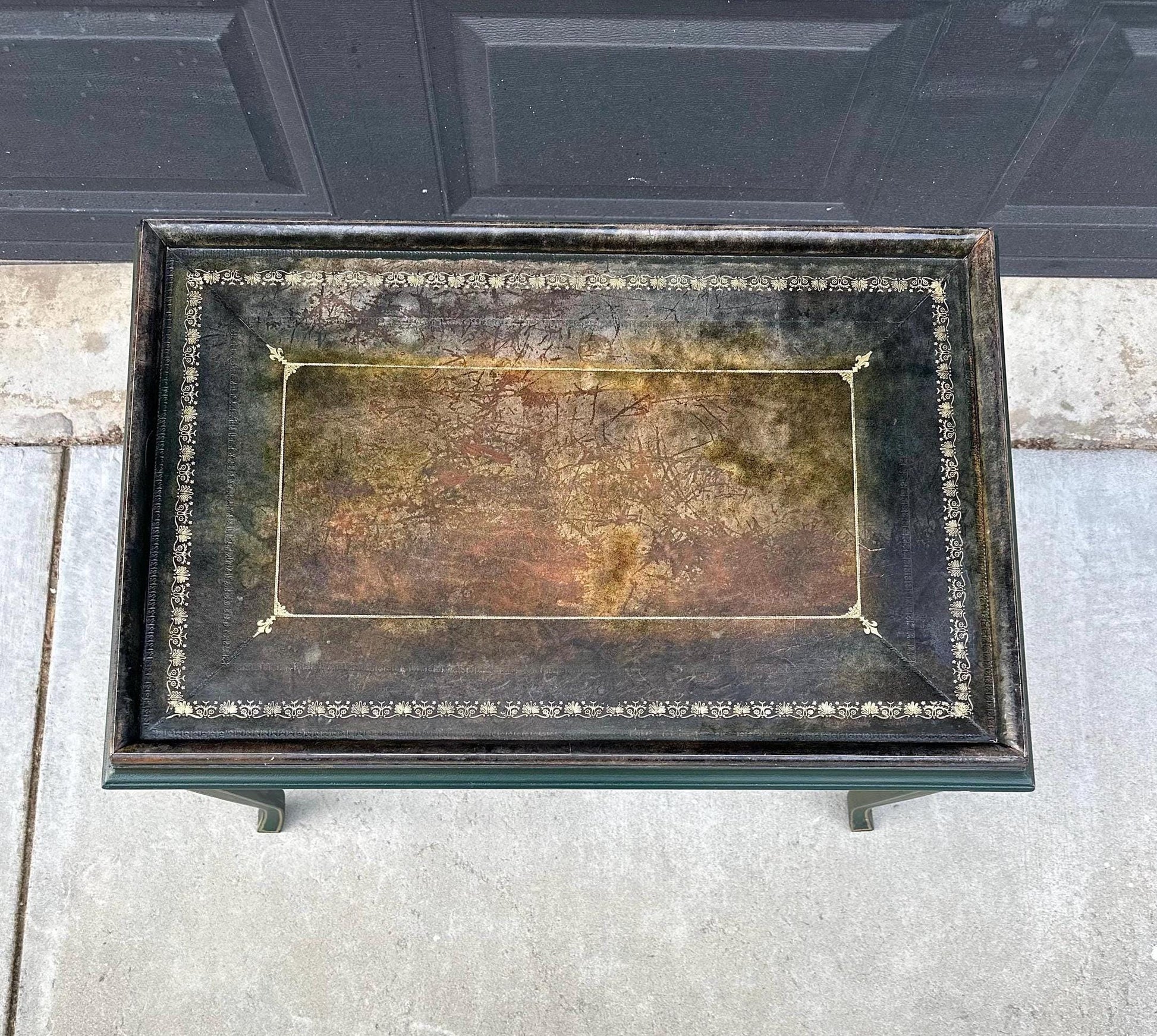 Vintage Mid 1900's Black Leather Top Green & Gold Coffee Table