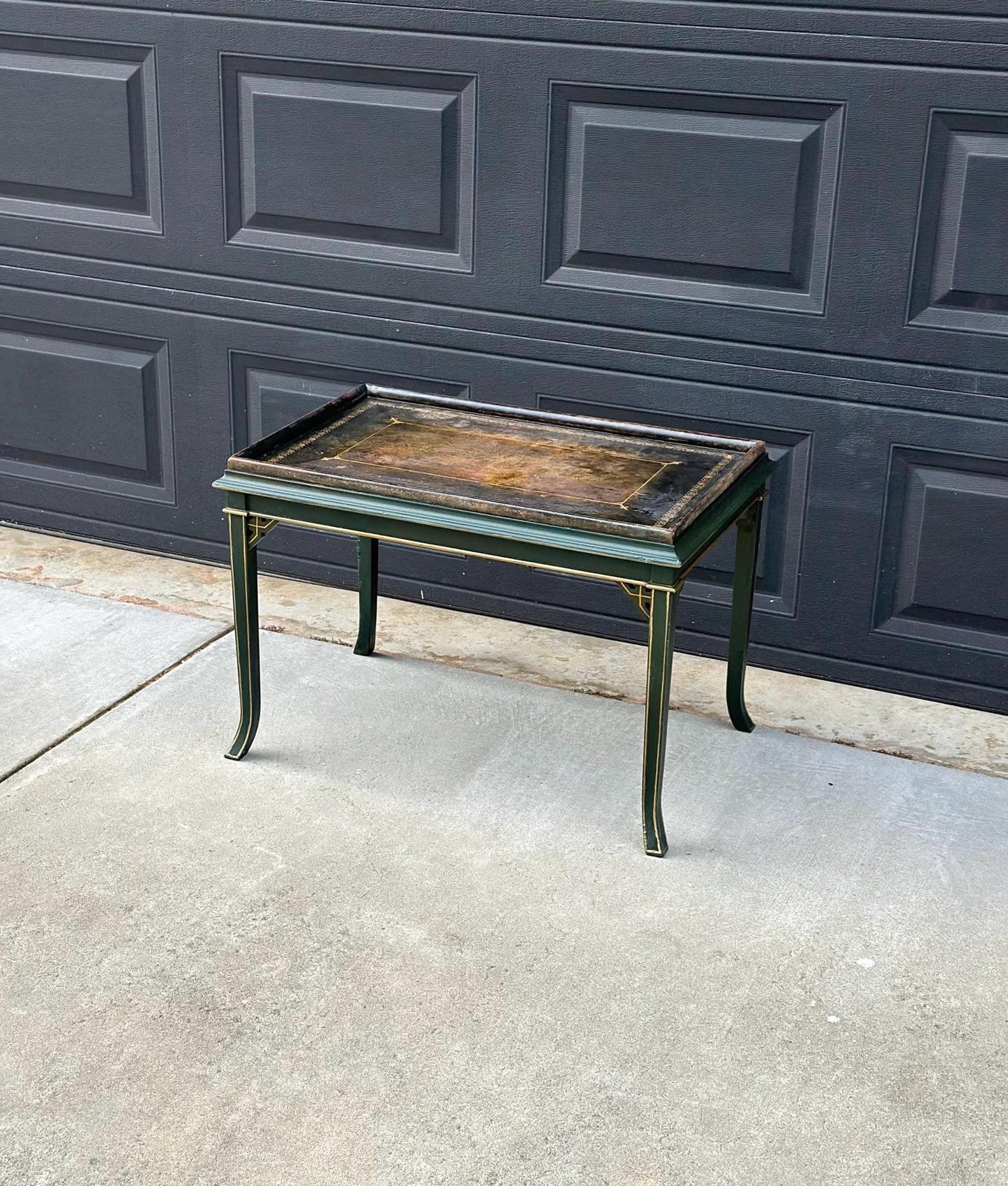 Vintage Mid 1900's Black Leather Top Green & Gold Coffee Table