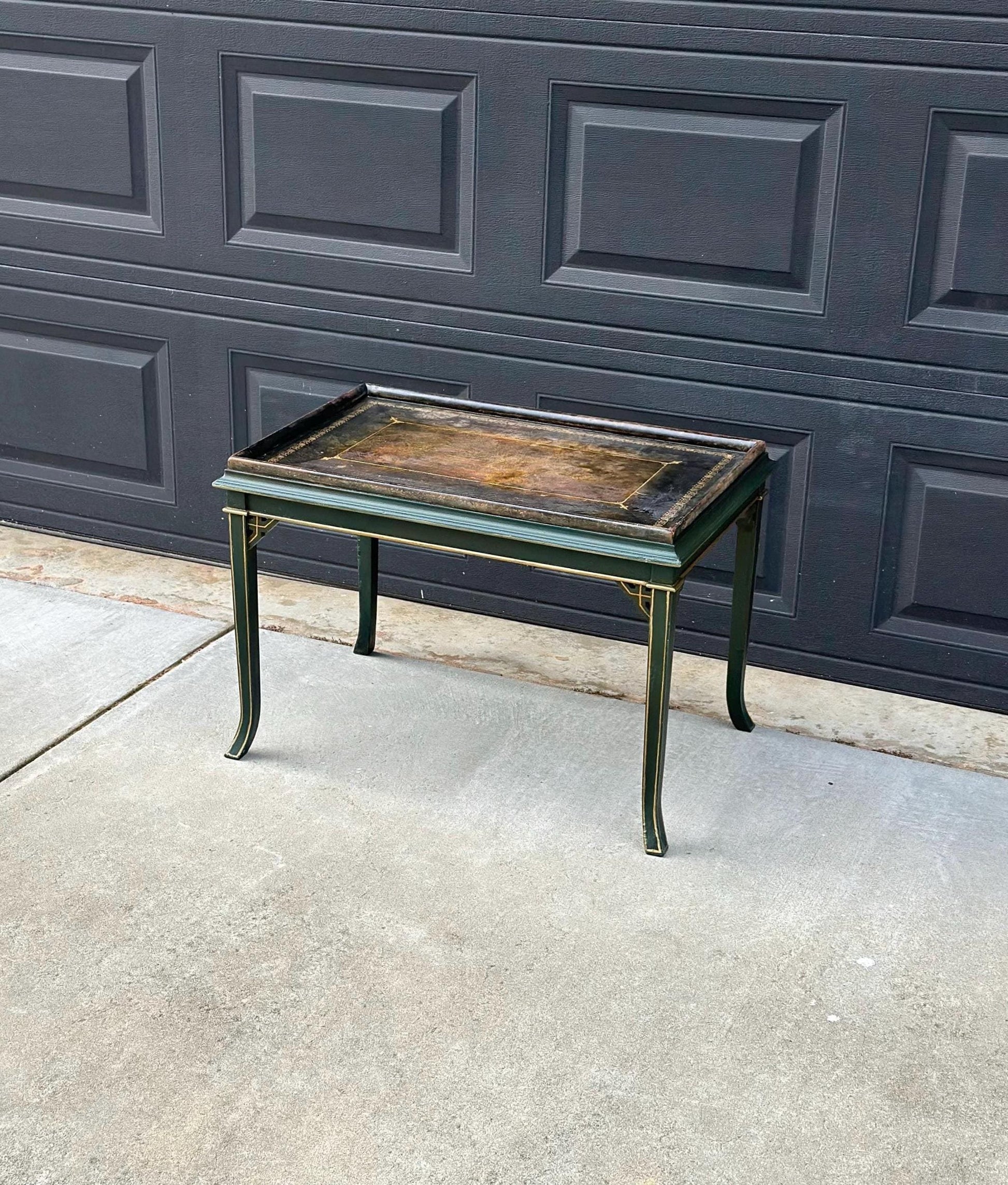 Vintage Mid 1900's Black Leather Top Green & Gold Coffee Table