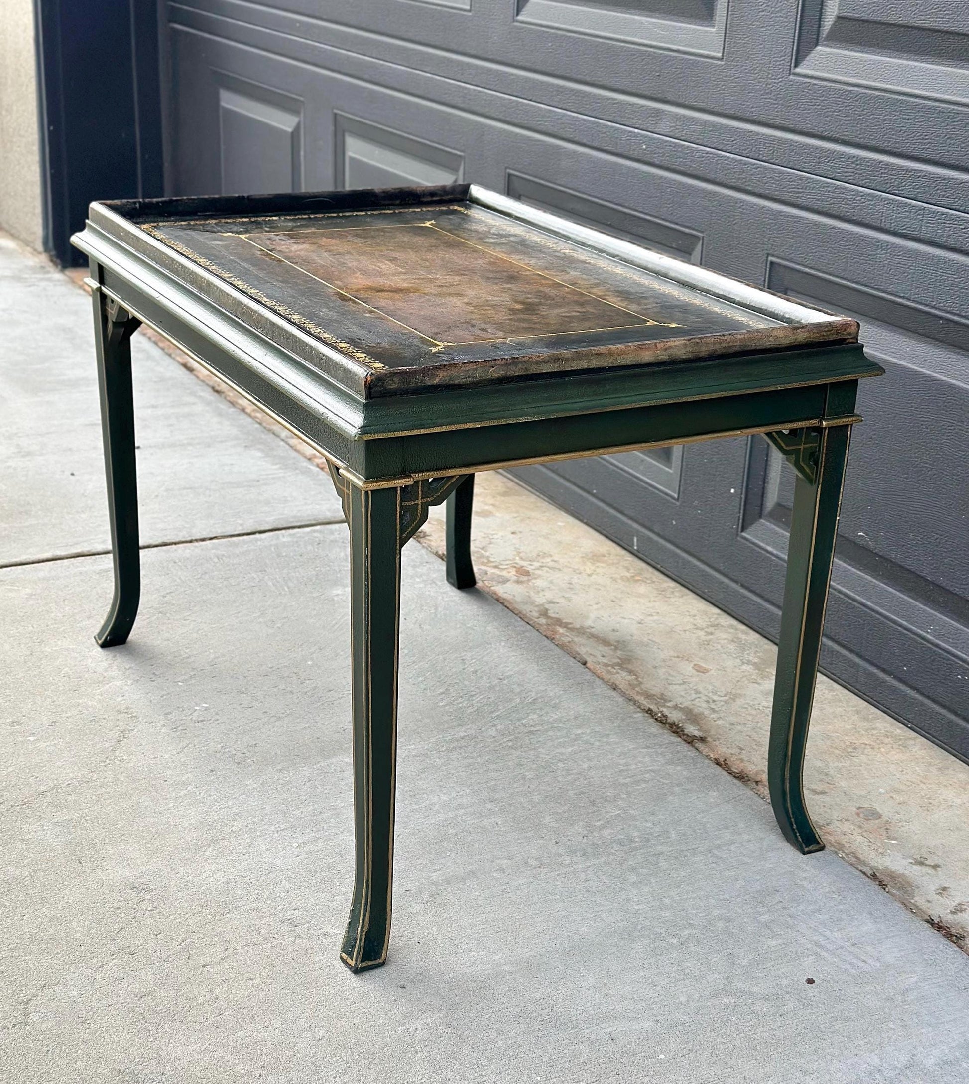 Vintage Mid 1900's Black Leather Top Green & Gold Coffee Table