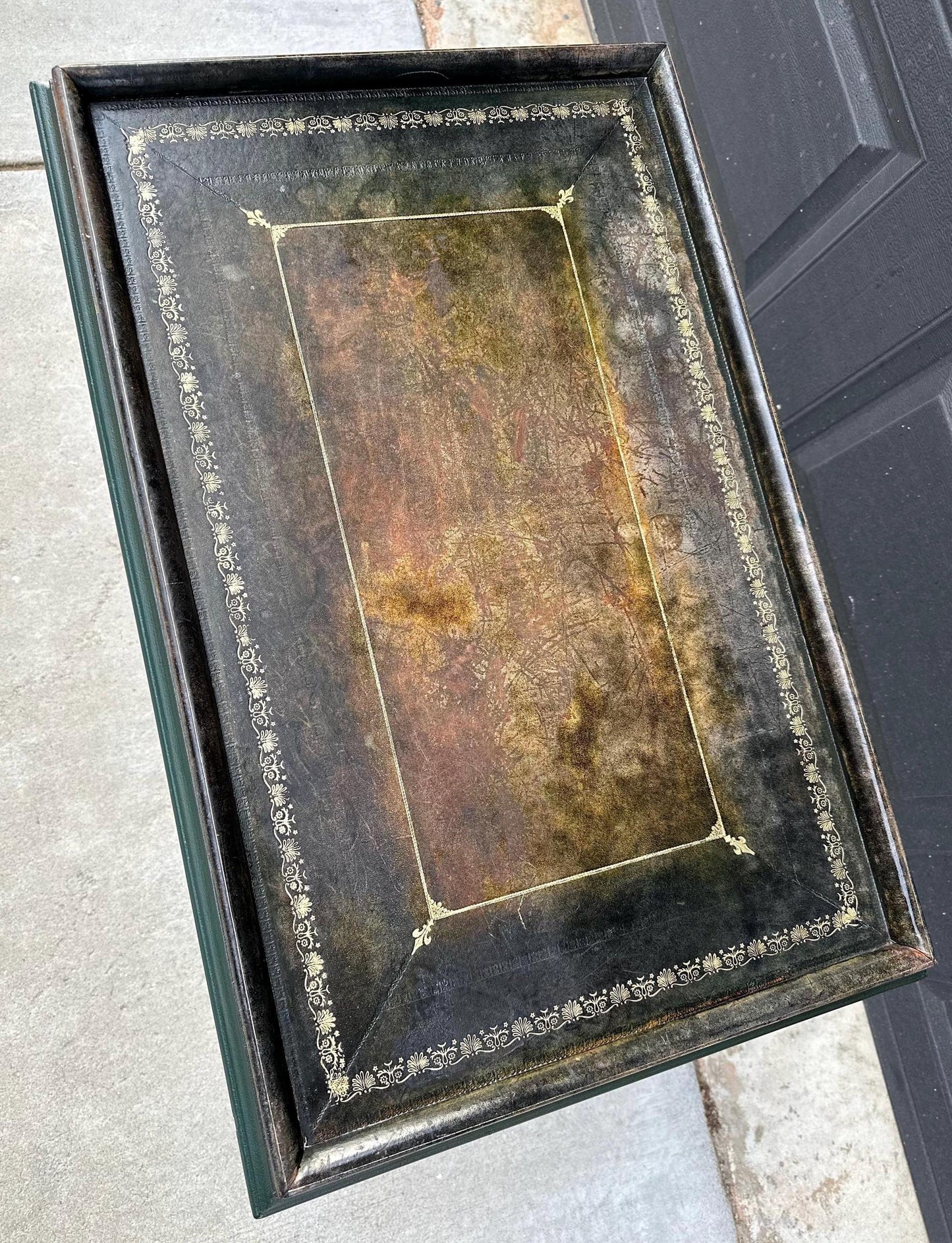 Vintage Mid 1900's Black Leather Top Green & Gold Coffee Table