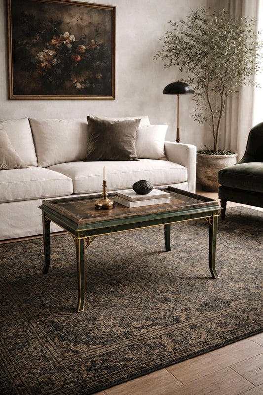 Vintage Mid 1900's Black Leather Top Green & Gold Coffee Table