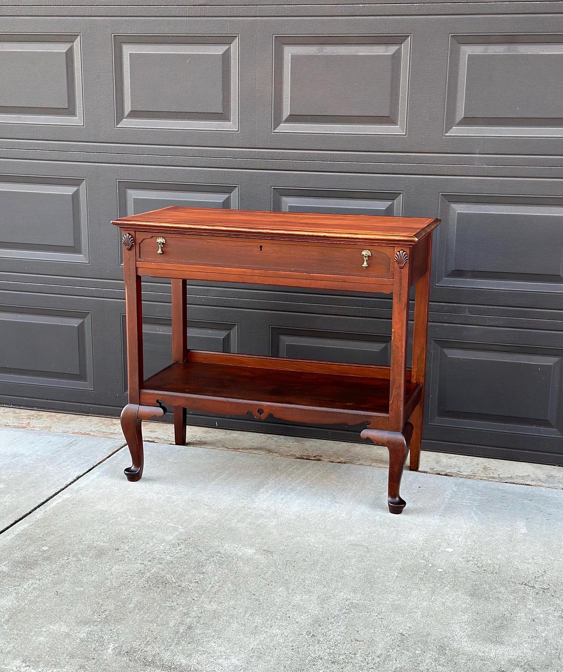Antique Early 1900's Solid Wood Open Shelf Mahogany Console Server Table with Drawer
