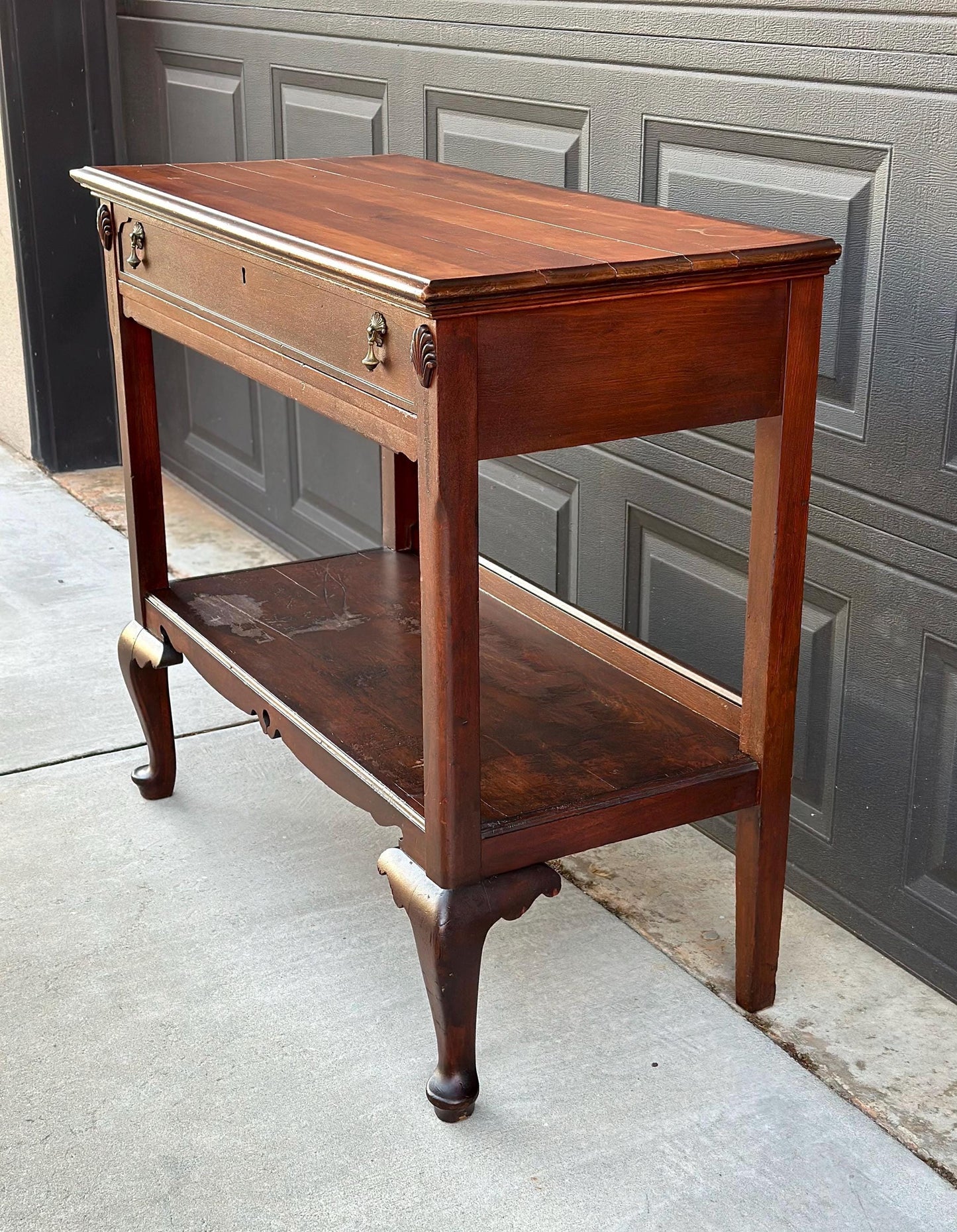 Antique Early 1900's Solid Wood Open Shelf Mahogany Console Server Table with Drawer