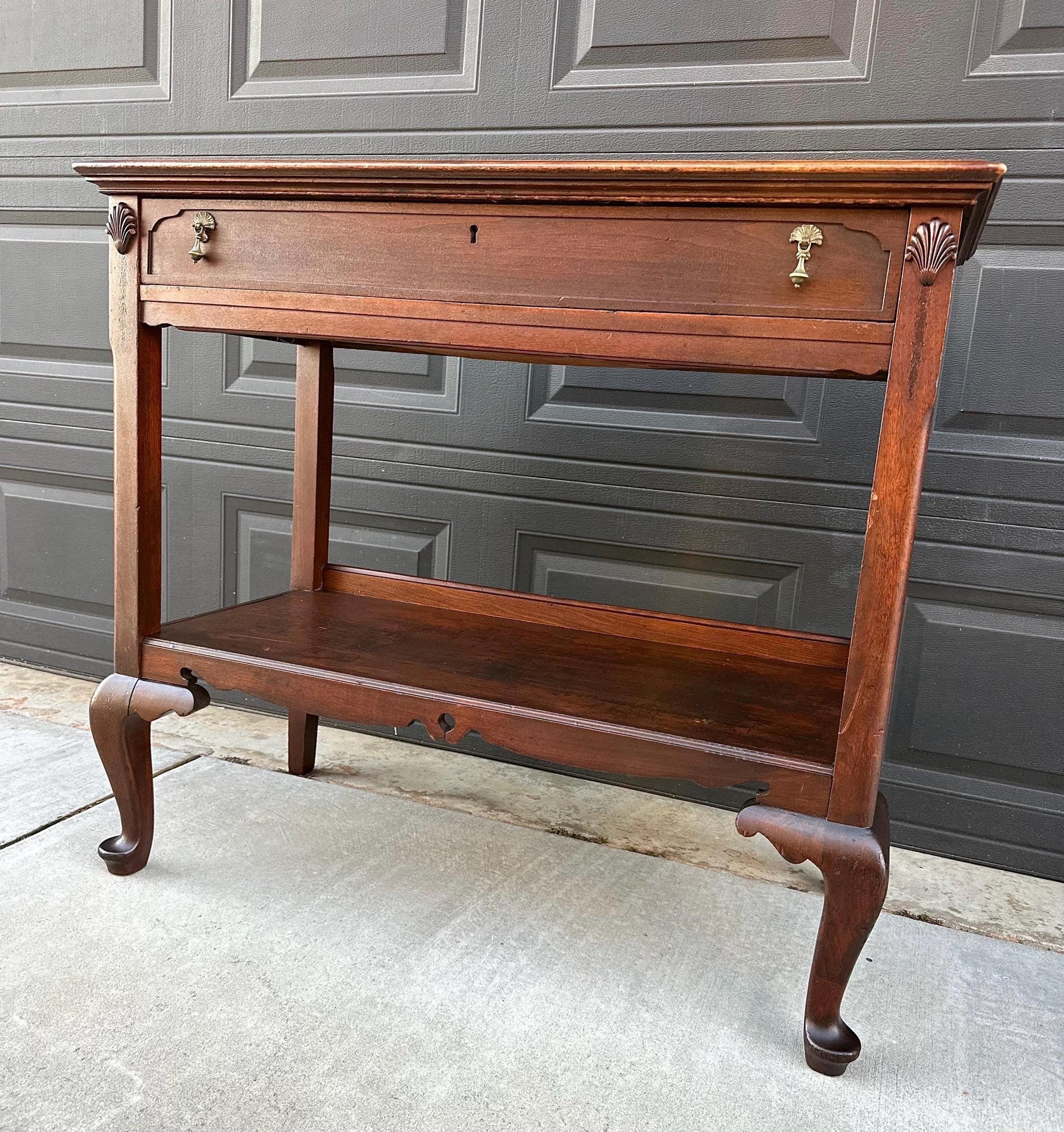 Antique Early 1900's Solid Wood Open Shelf Mahogany Console Server Table with Drawer