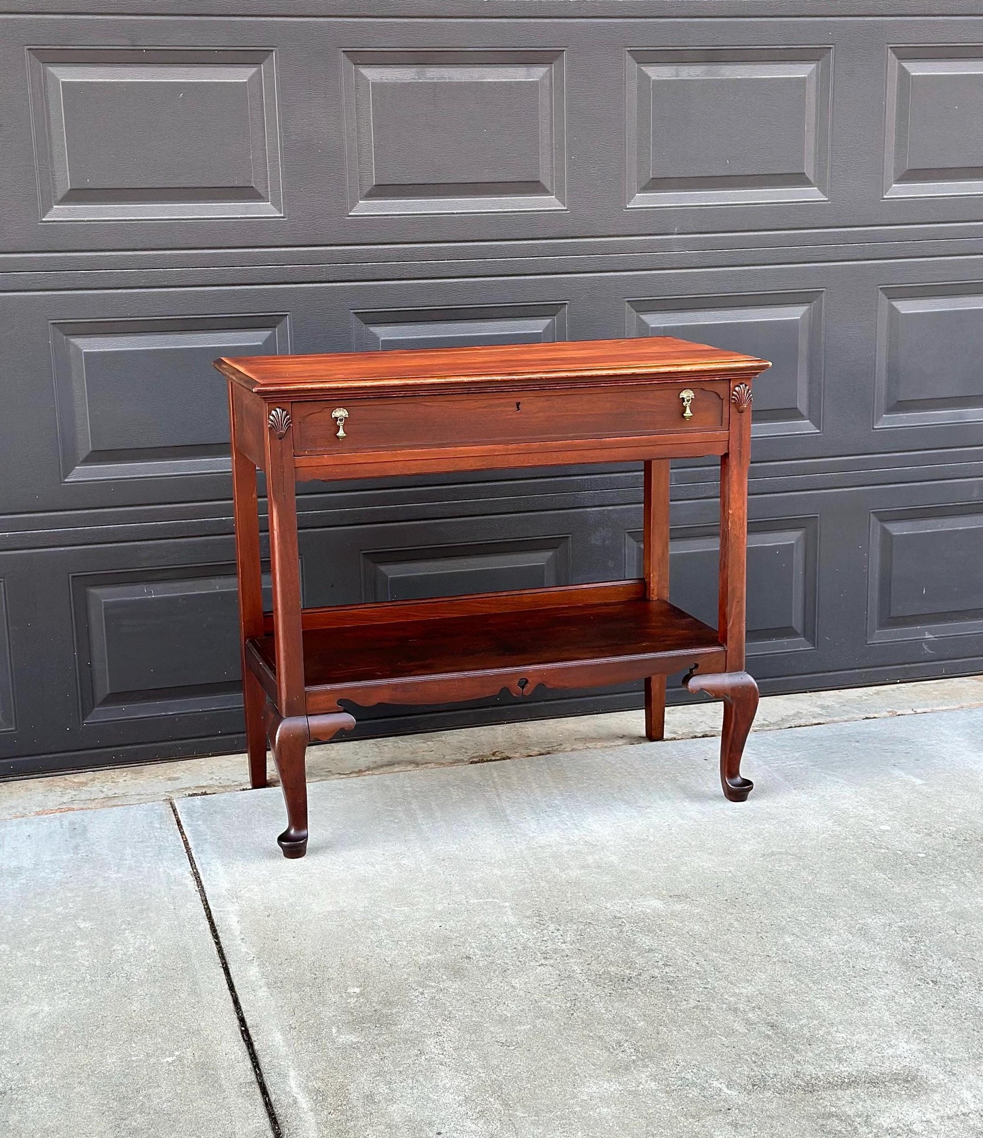 Antique Early 1900's Solid Wood Open Shelf Mahogany Console Server Table with Drawer
