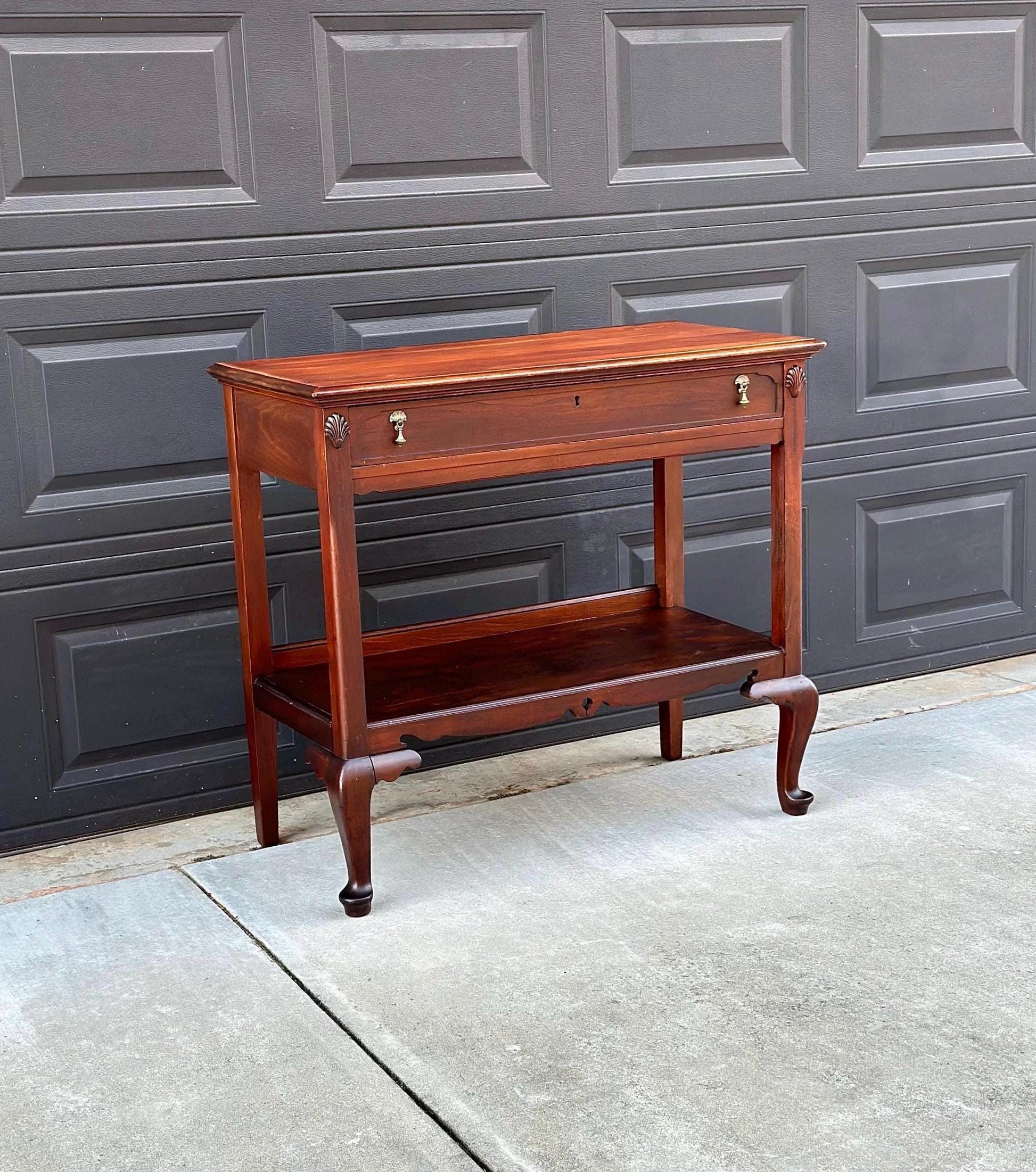 Antique Early 1900's Solid Wood Open Shelf Mahogany Console Server Table with Drawer