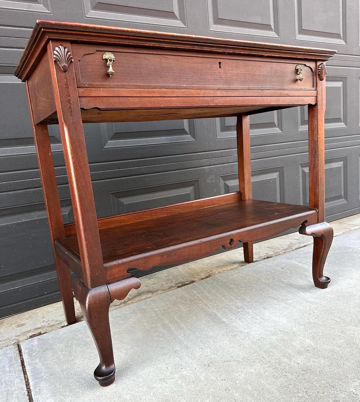 Antique Early 1900's Solid Wood Open Shelf Mahogany Console Server Table with Drawer
