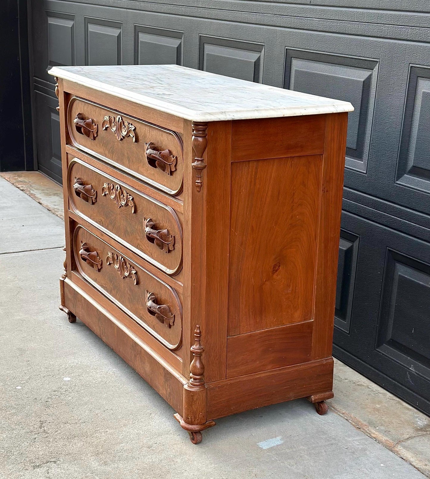 Antique Late 1800's Bookmatched Walnut Wood & White Marble Three Drawer Victorian Dresser on Casters