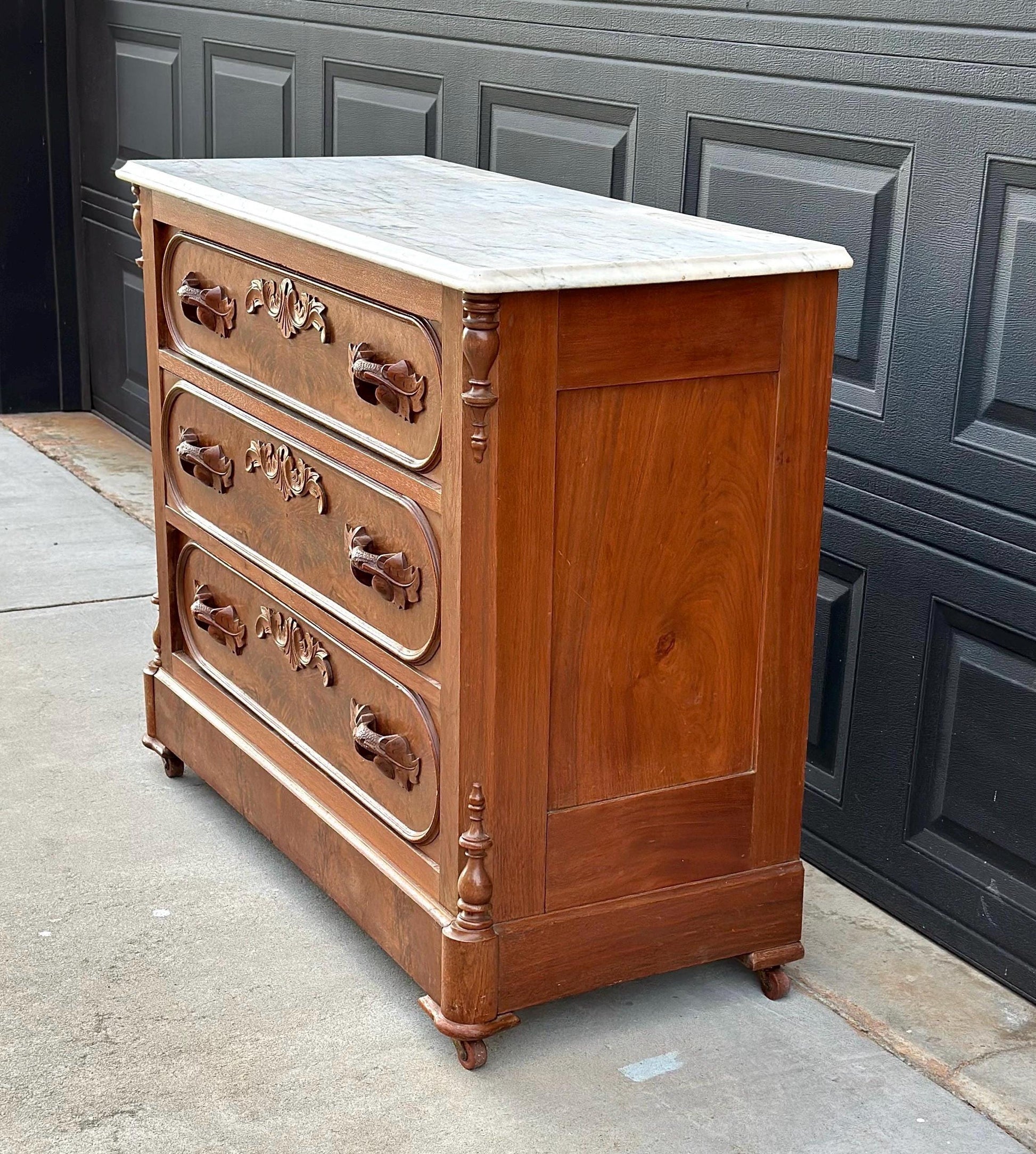 Antique Late 1800's Bookmatched Walnut Wood & White Marble Three Drawer Victorian Dresser on Casters
